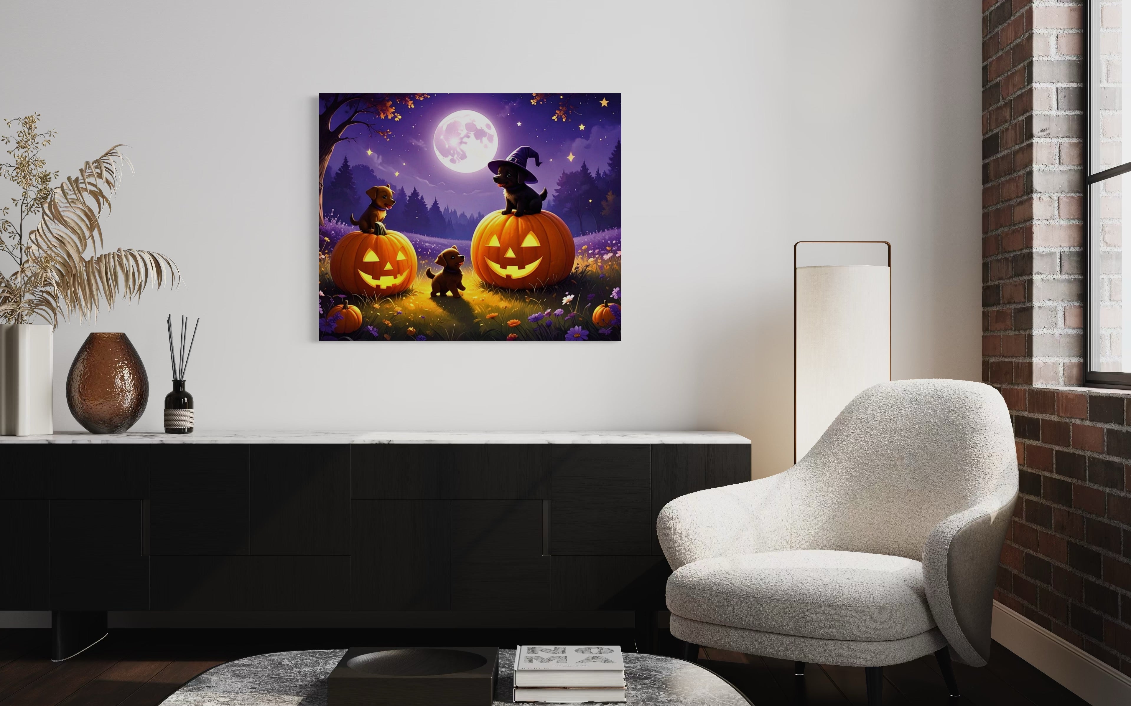 Puppies on Jack O Lanterns Museum Print