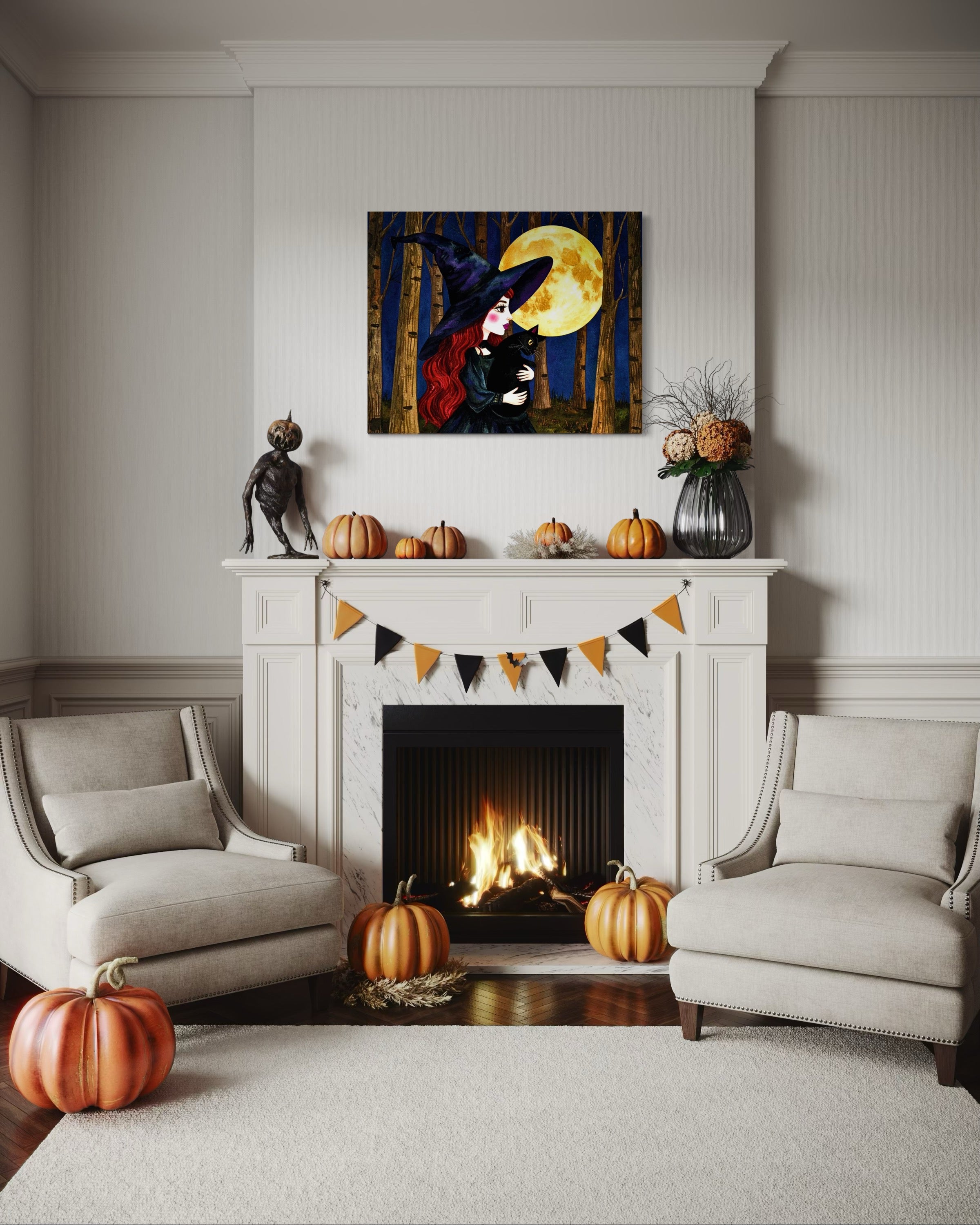 Red Witch with Cat in Moonlight Museum Print