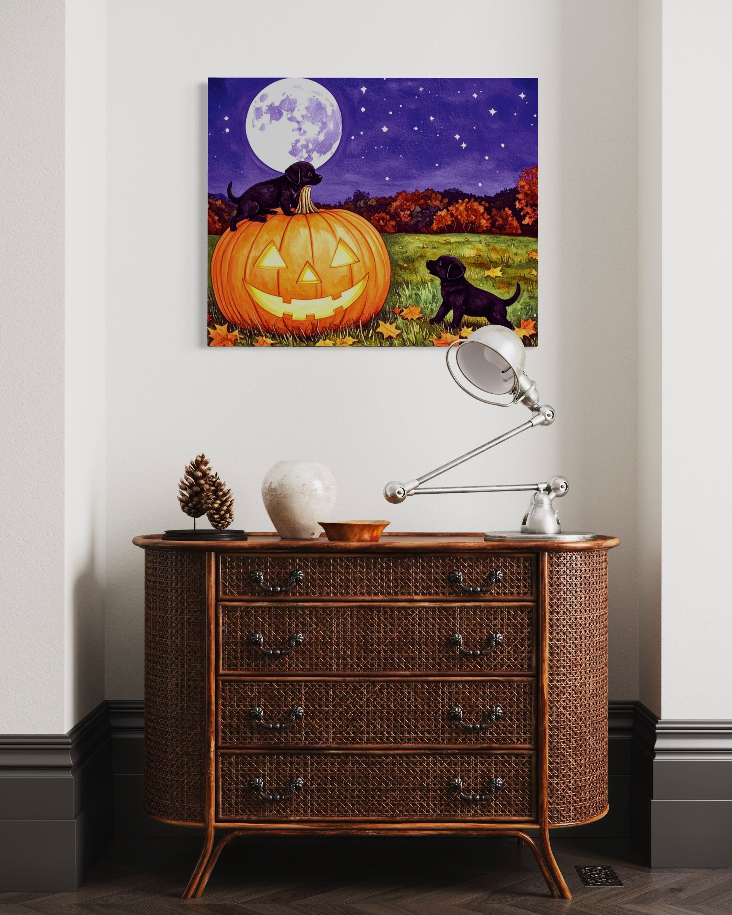 Puppies play on a Pumpkin Museum Print