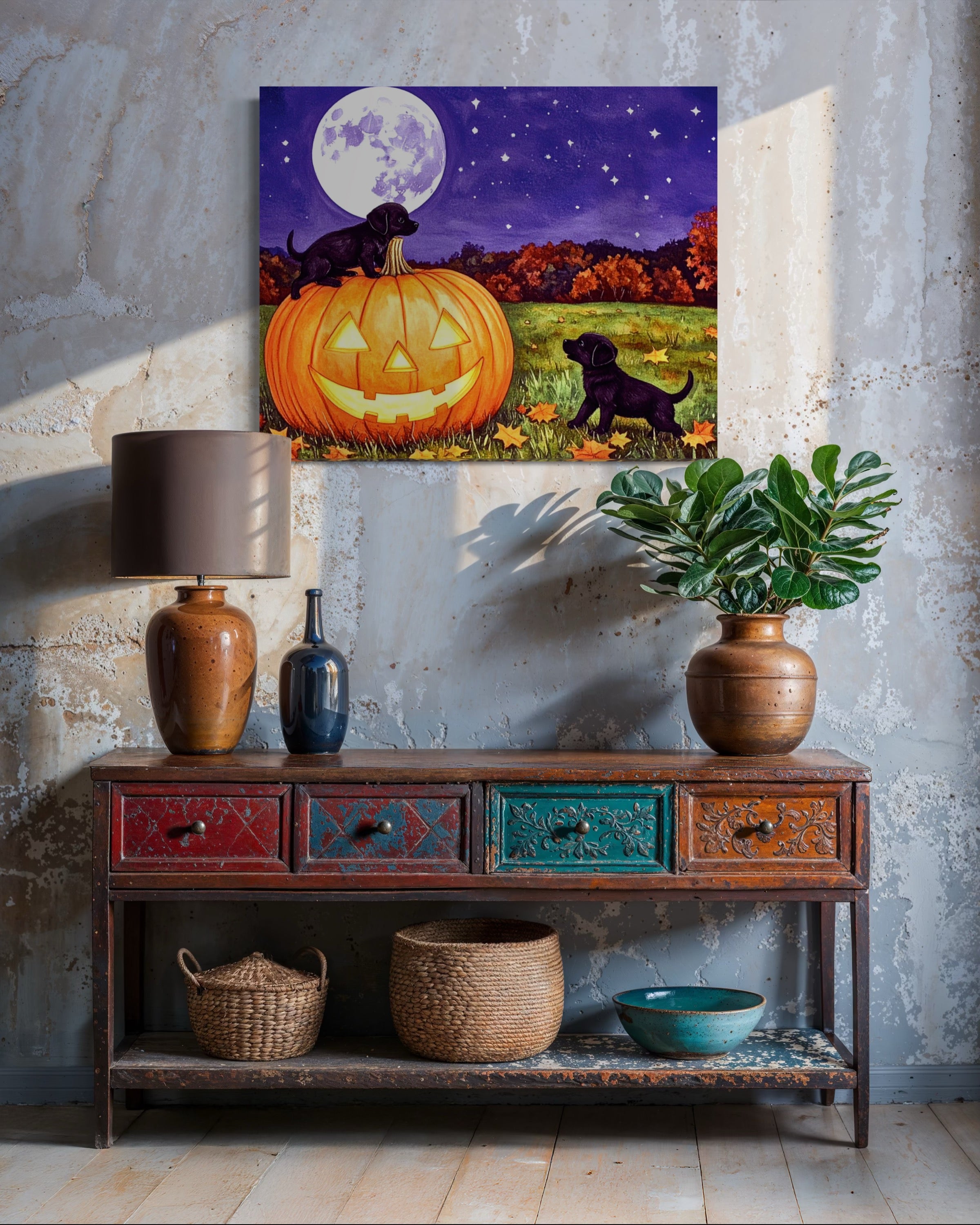 Puppies play on a Pumpkin Museum Print