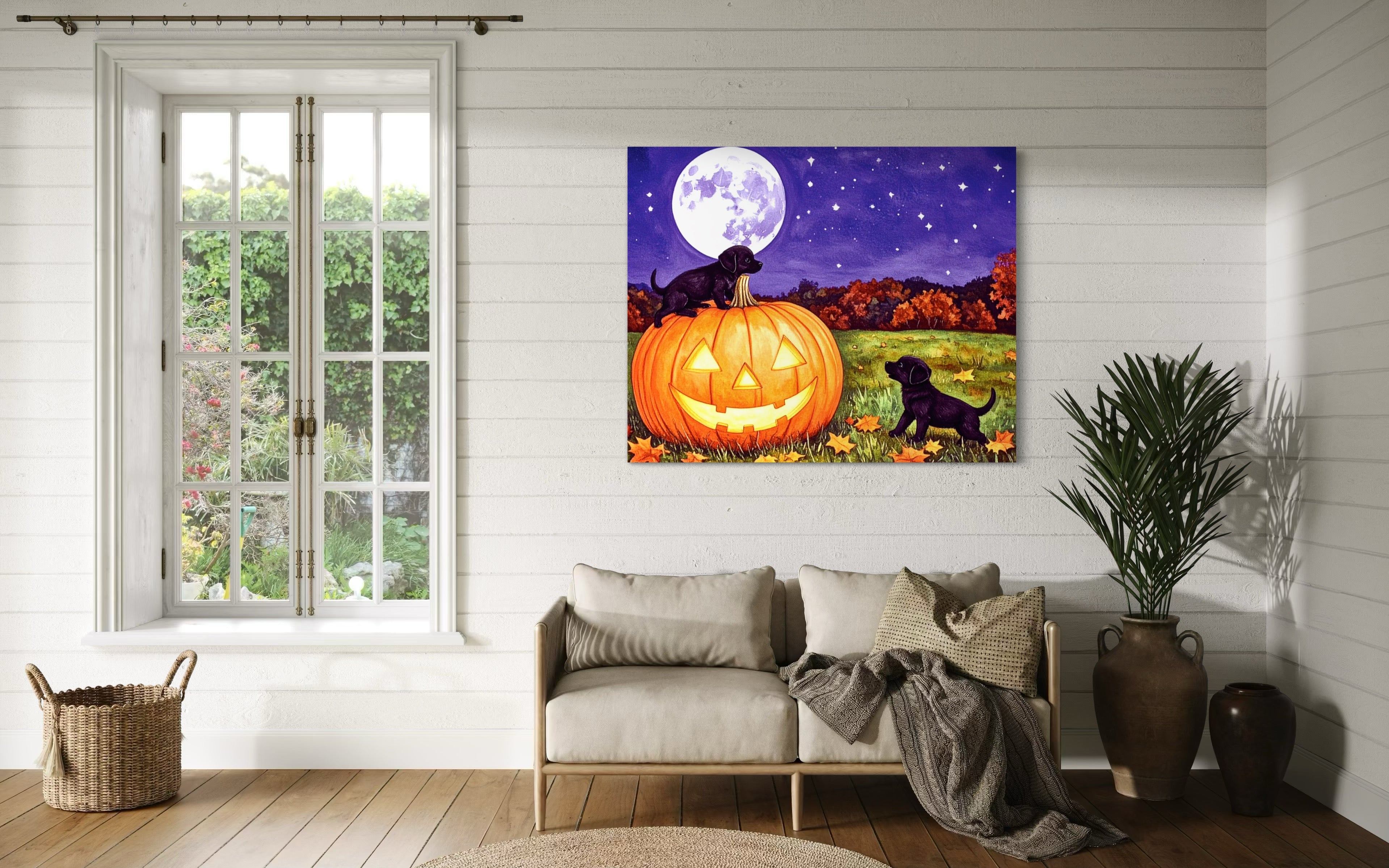 Puppies play on a Pumpkin Museum Print