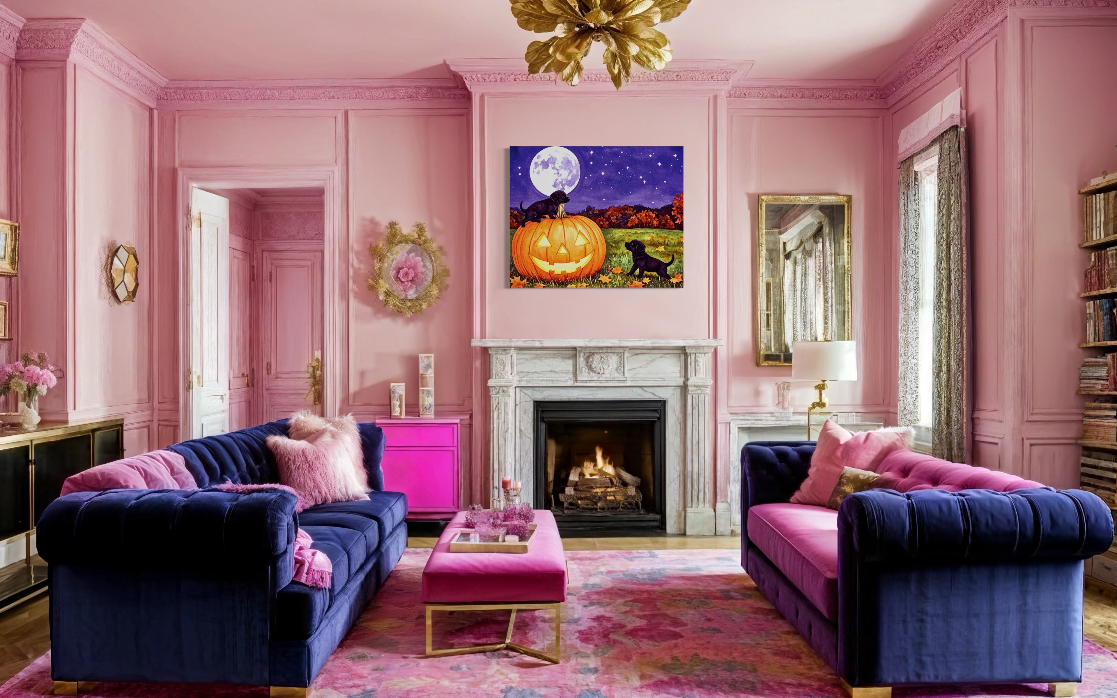 Puppies play on a Pumpkin Museum Print