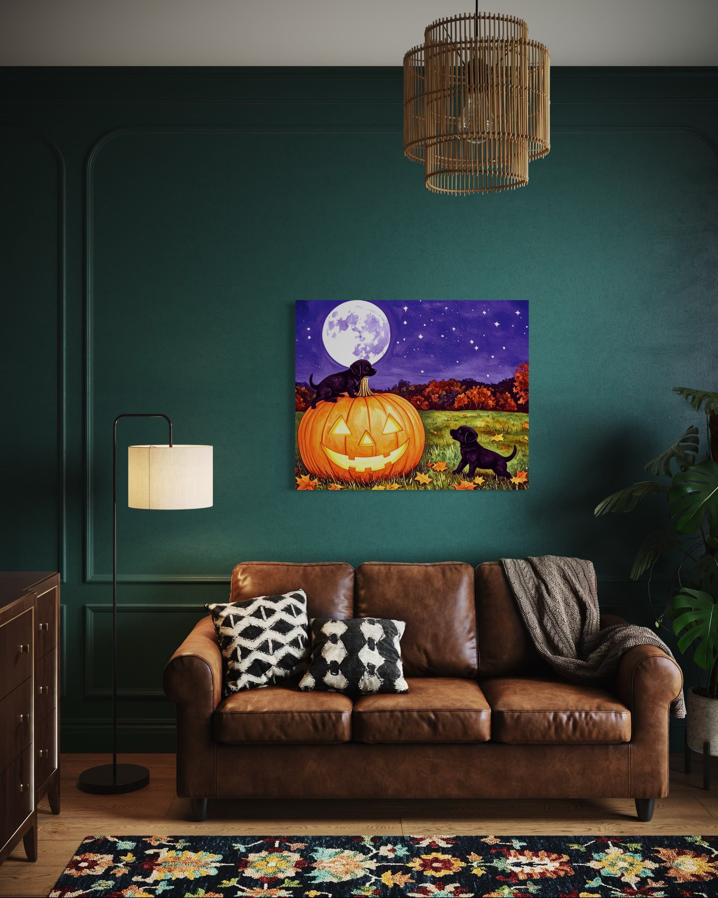 Puppies play on a Pumpkin Museum Print