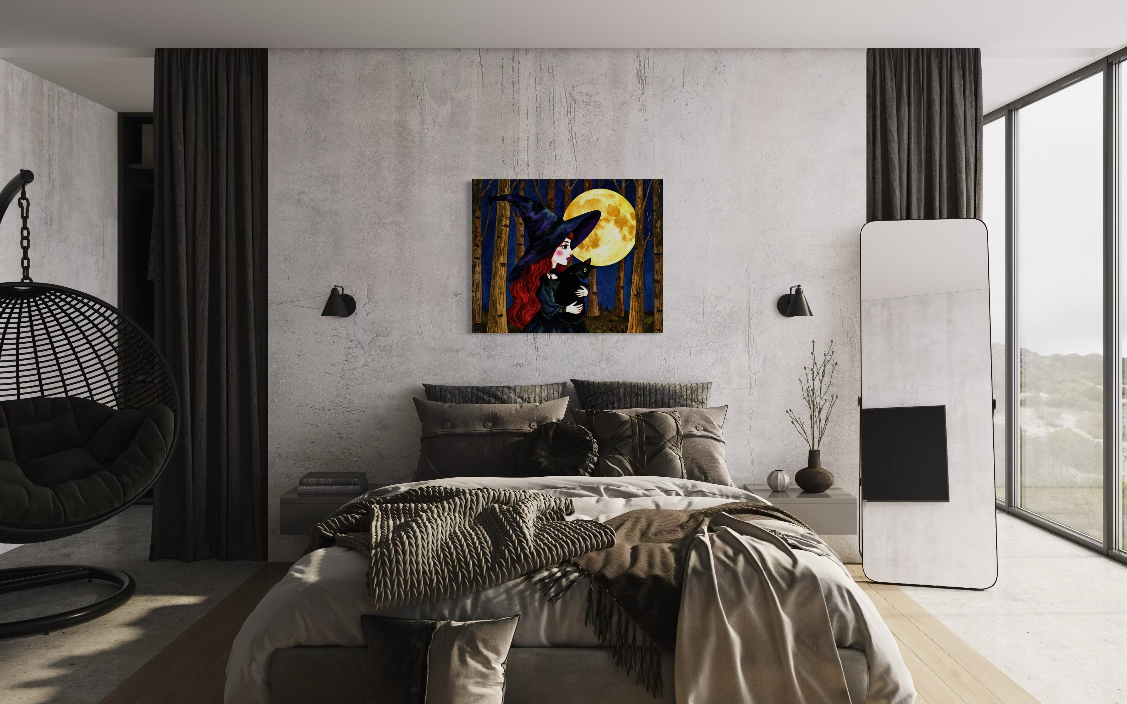 Red Witch with Cat in Moonlight Museum Print