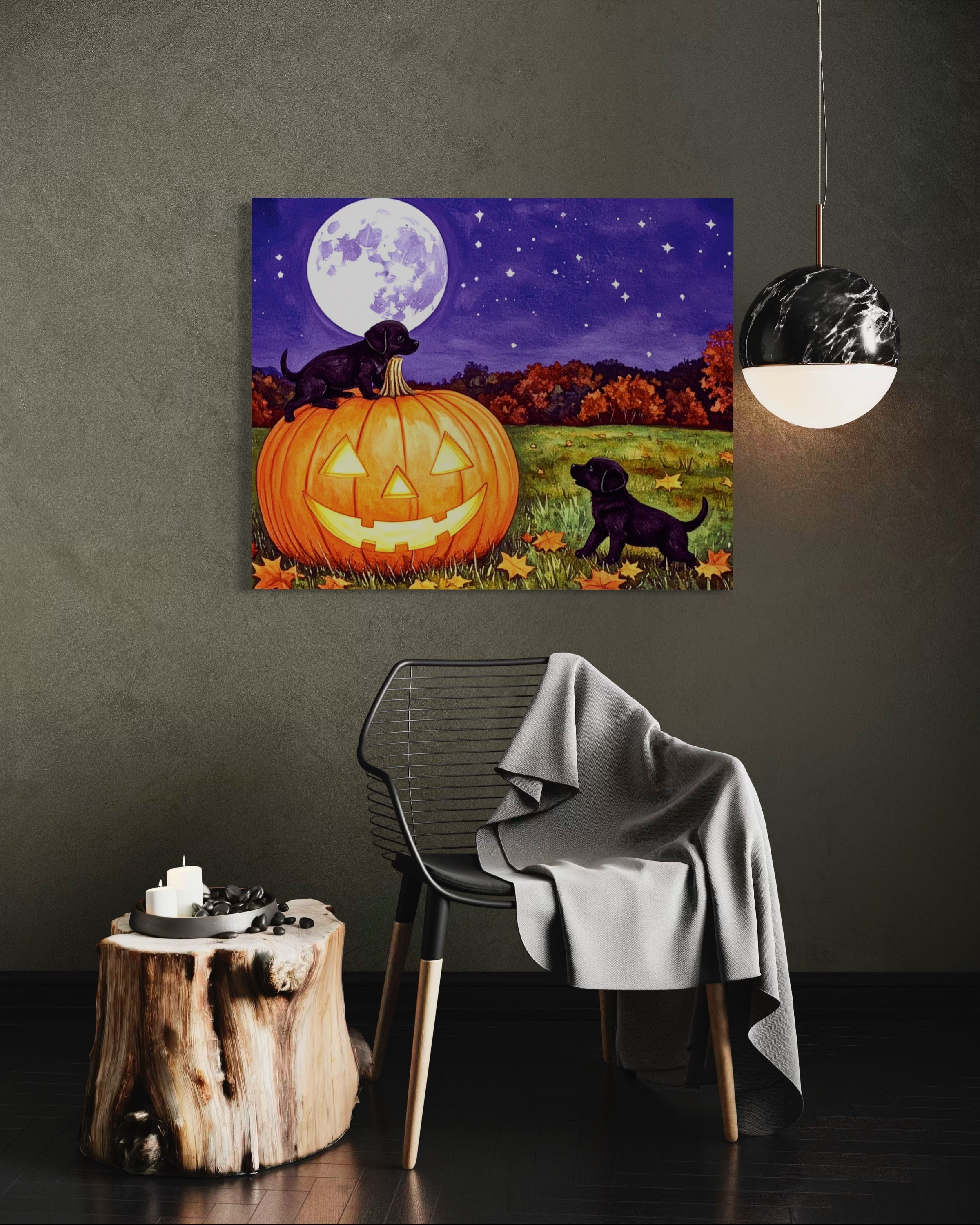 Puppies play on a Pumpkin Museum Print