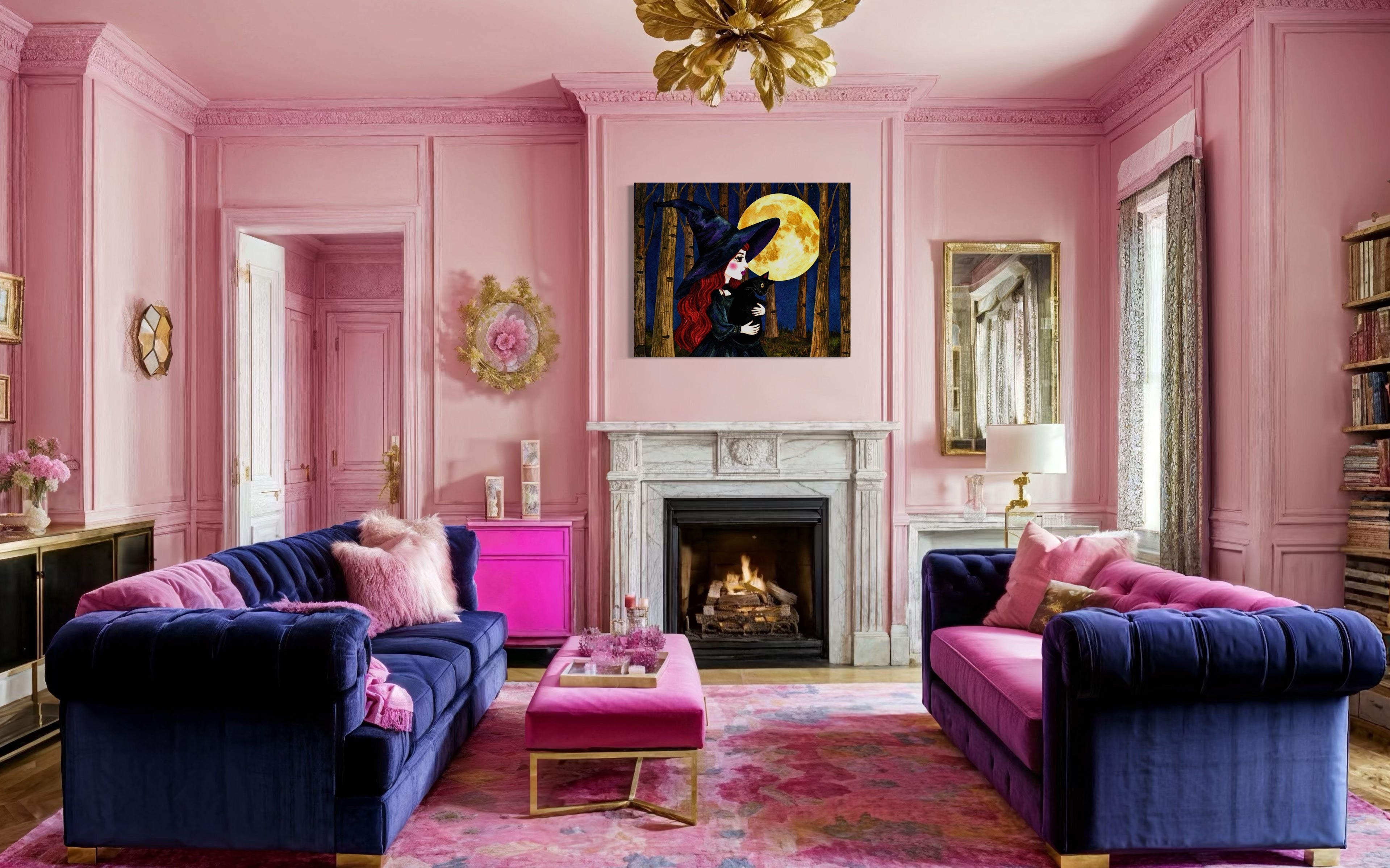Red Witch with Cat in Moonlight Museum Print