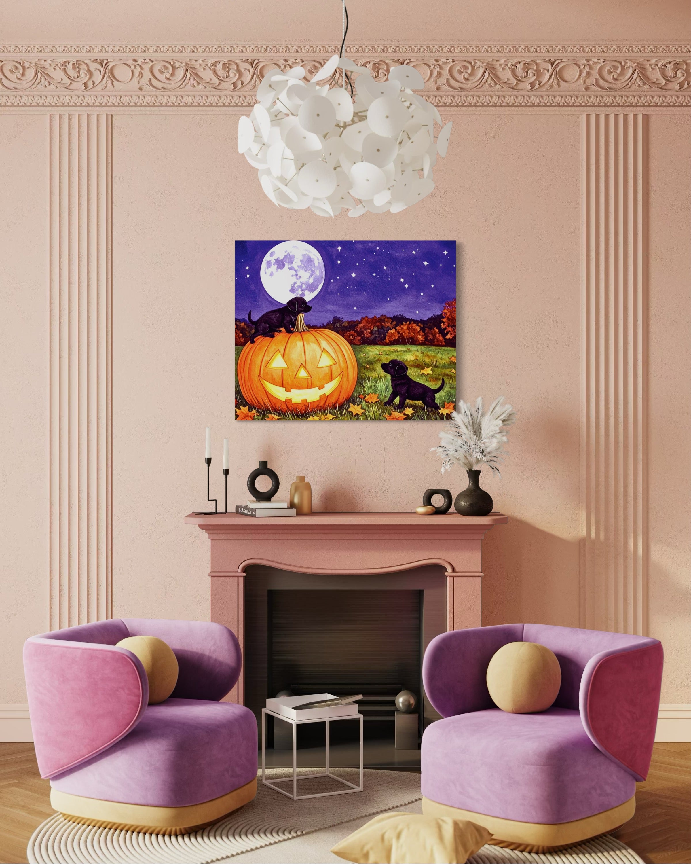 Puppies play on a Pumpkin Museum Print