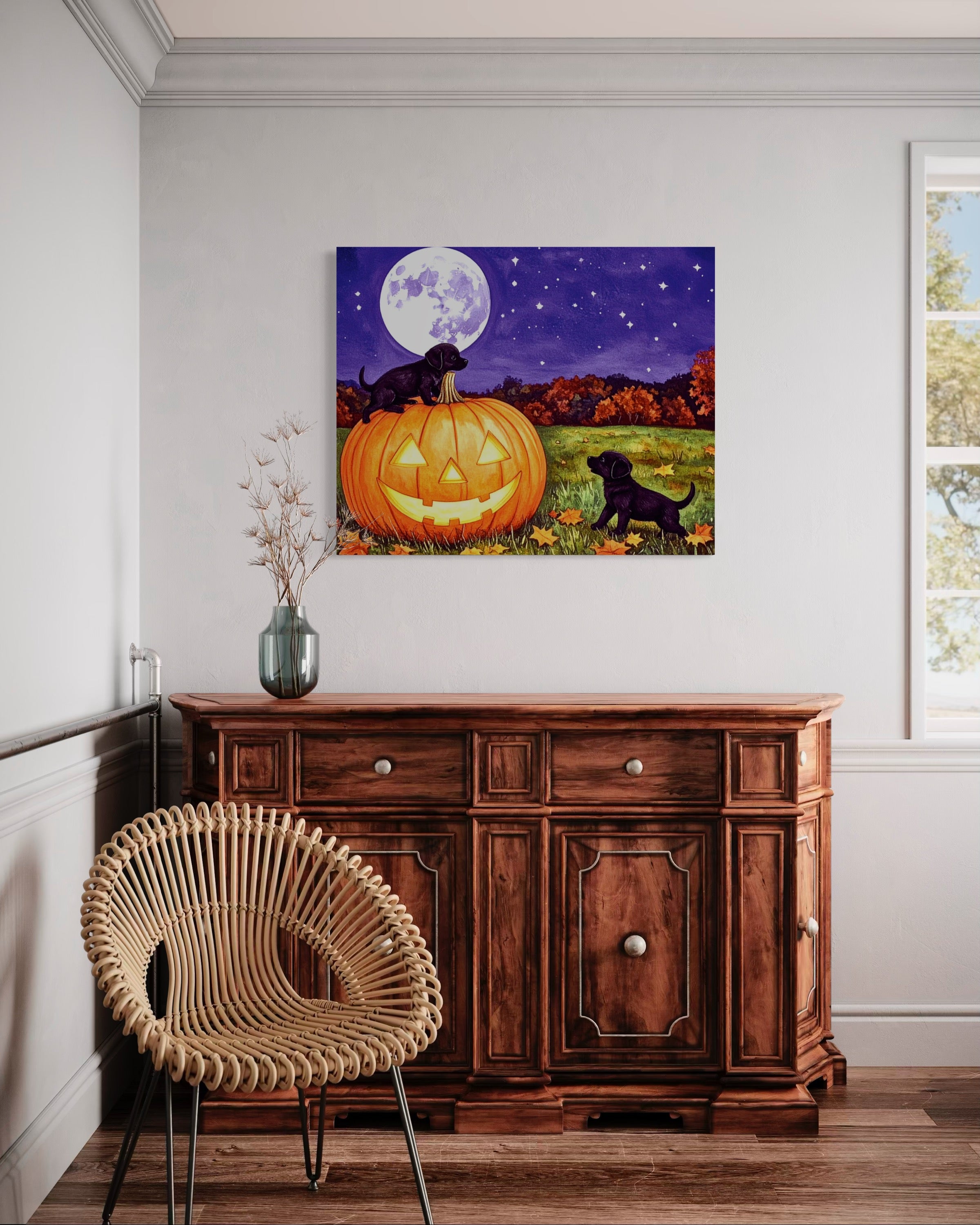 Puppies play on a Pumpkin Museum Print