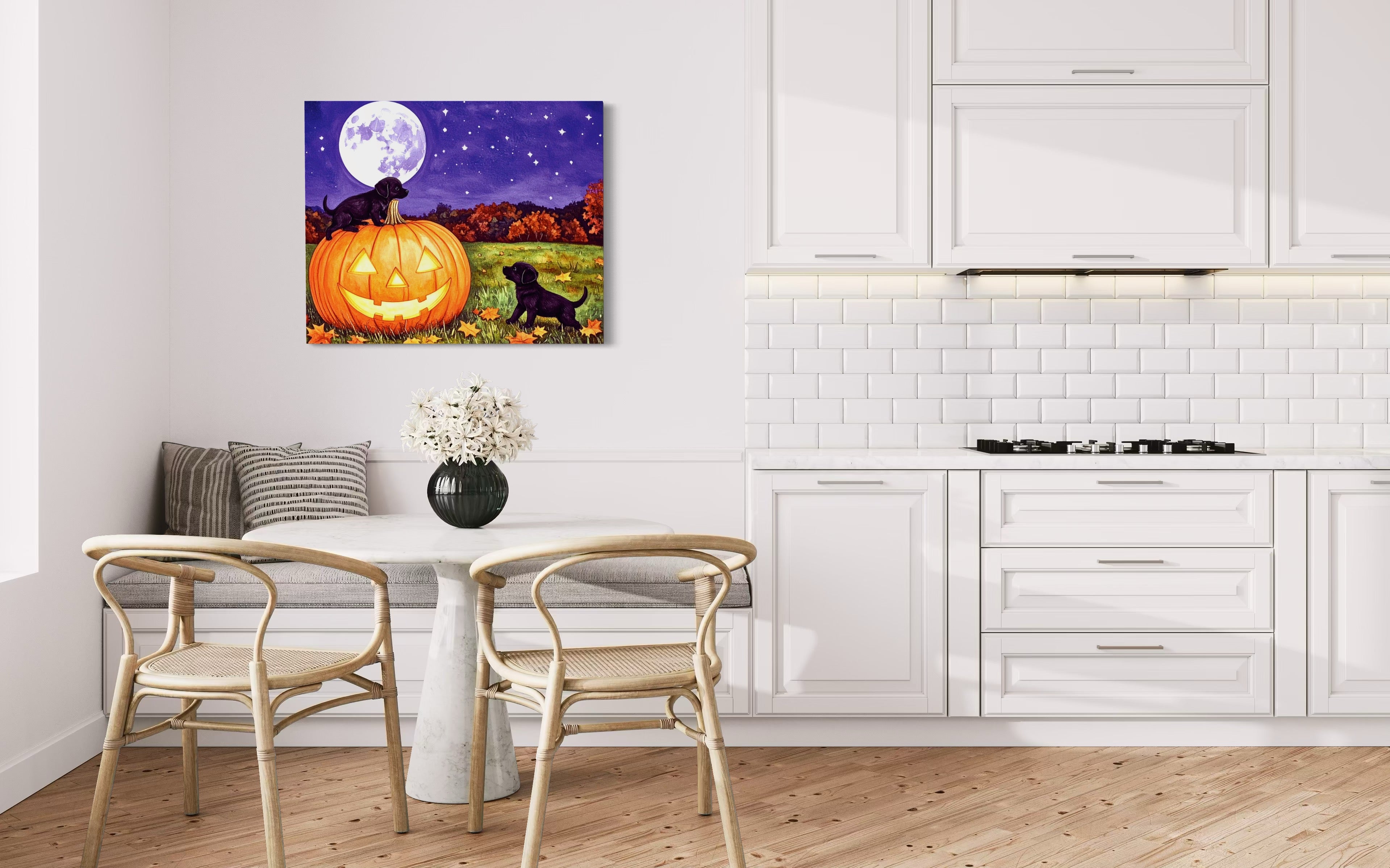 Puppies play on a Pumpkin Museum Print