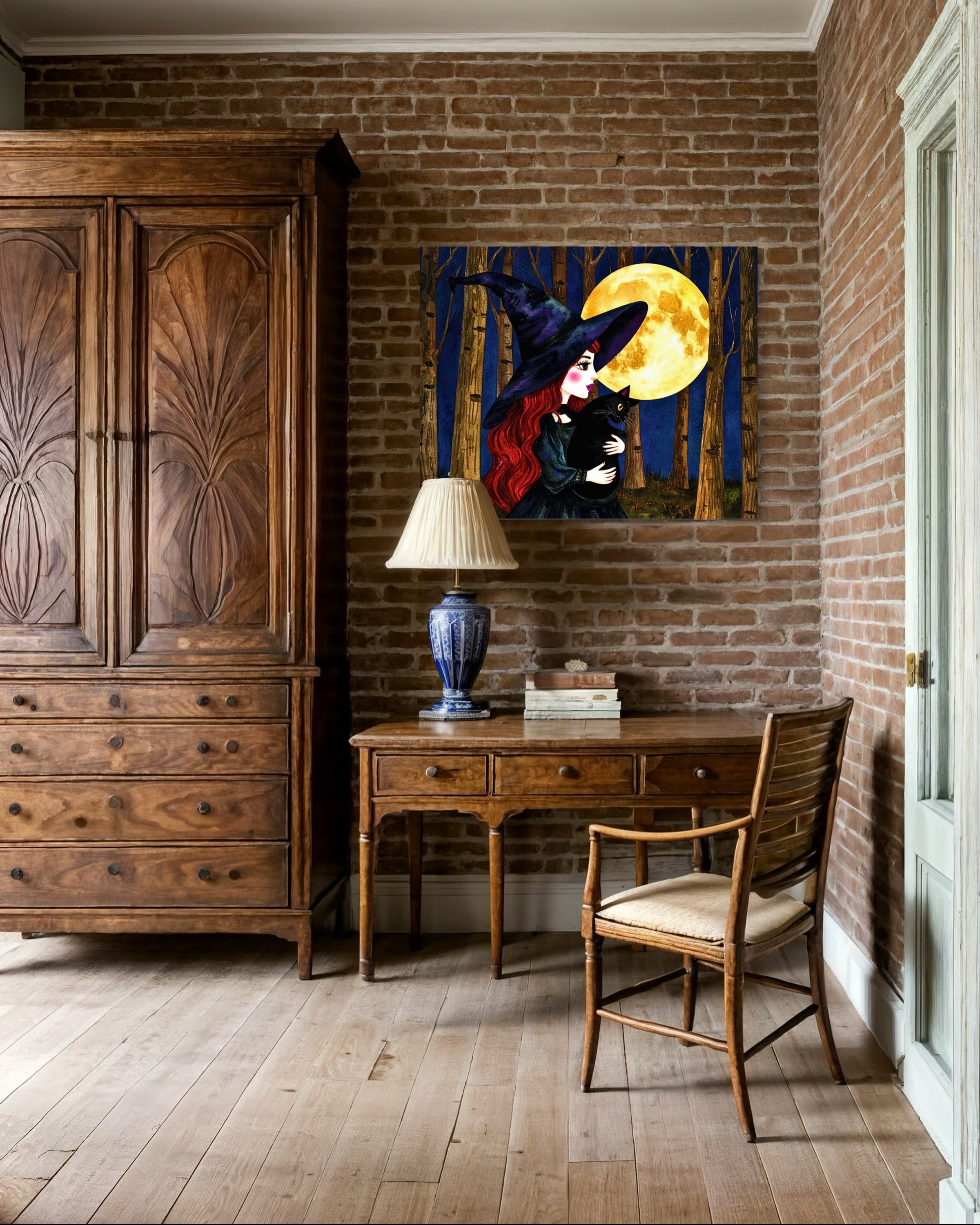 Red Witch with Cat in Moonlight Museum Print