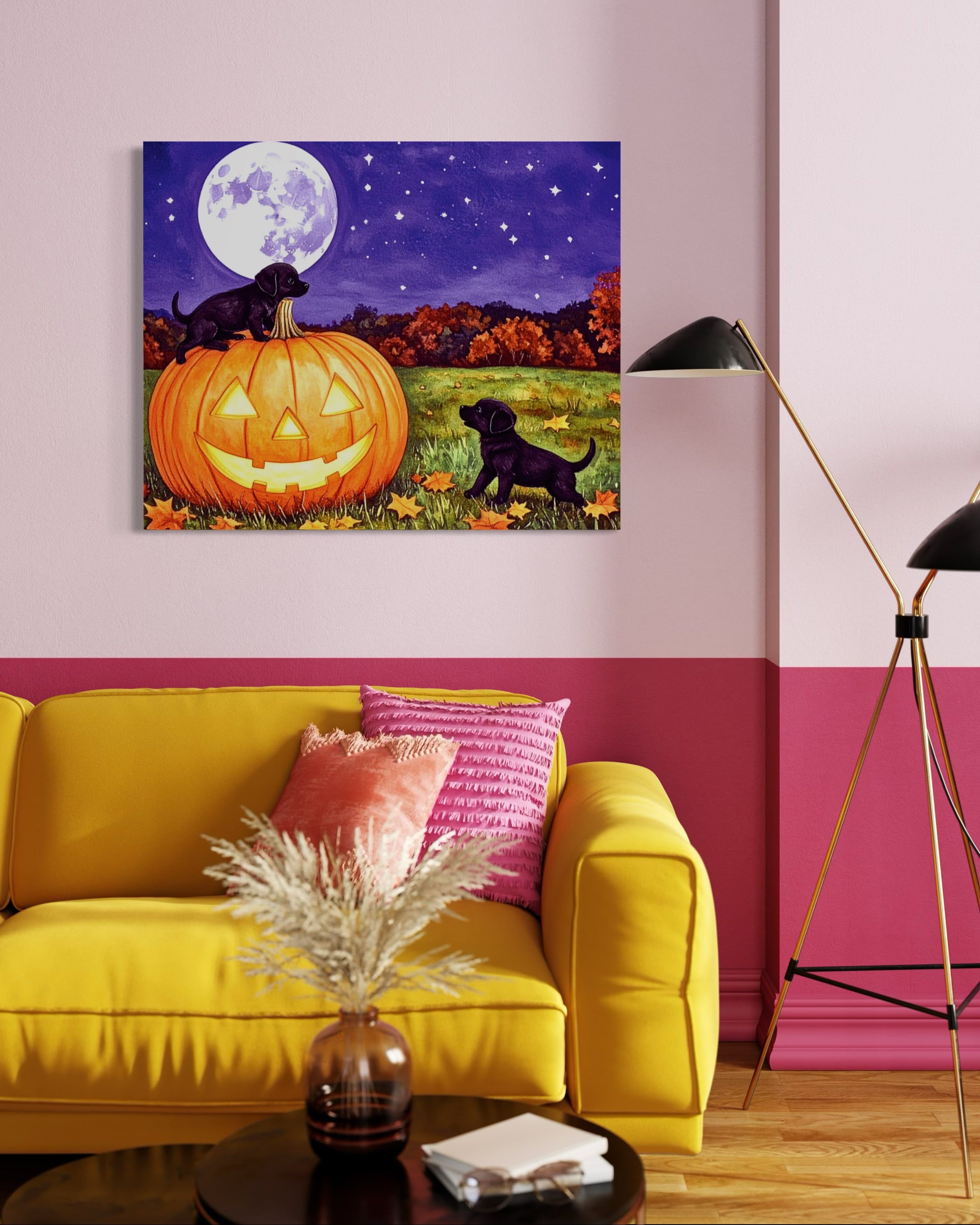 Puppies play on a Pumpkin Museum Print