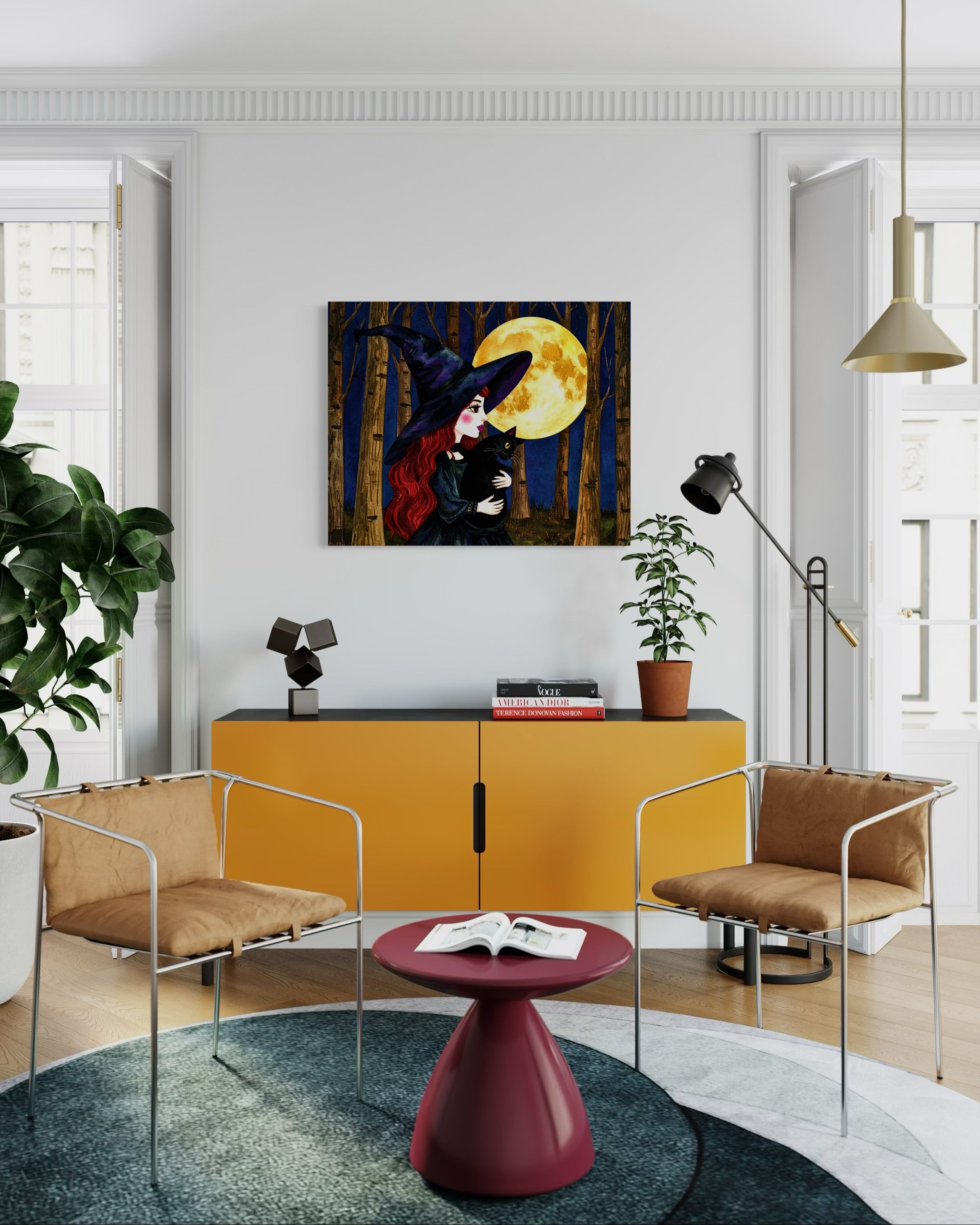 Red Witch with Cat in Moonlight Museum Print