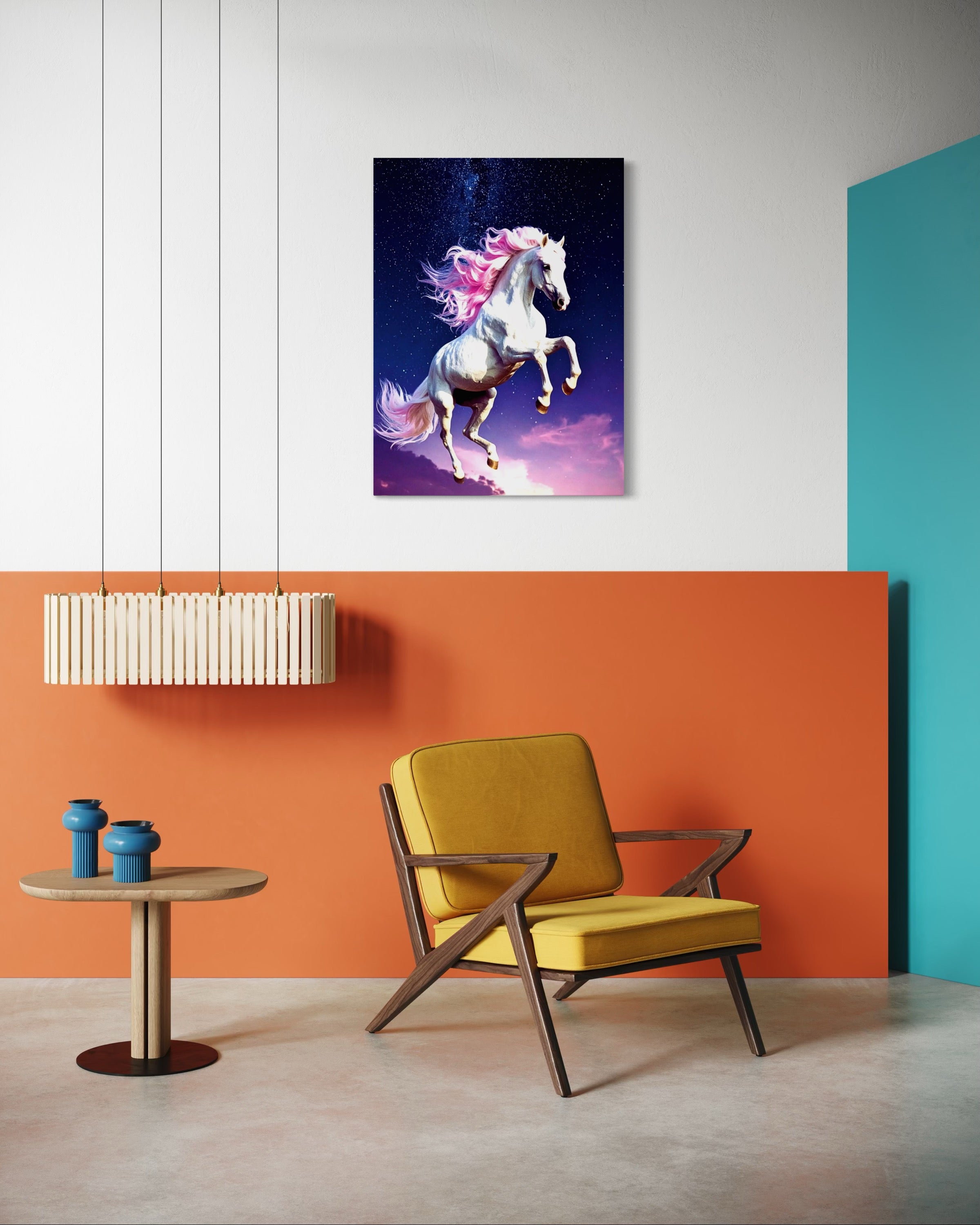 Jumping White Horse with Pink Hair Museum Print