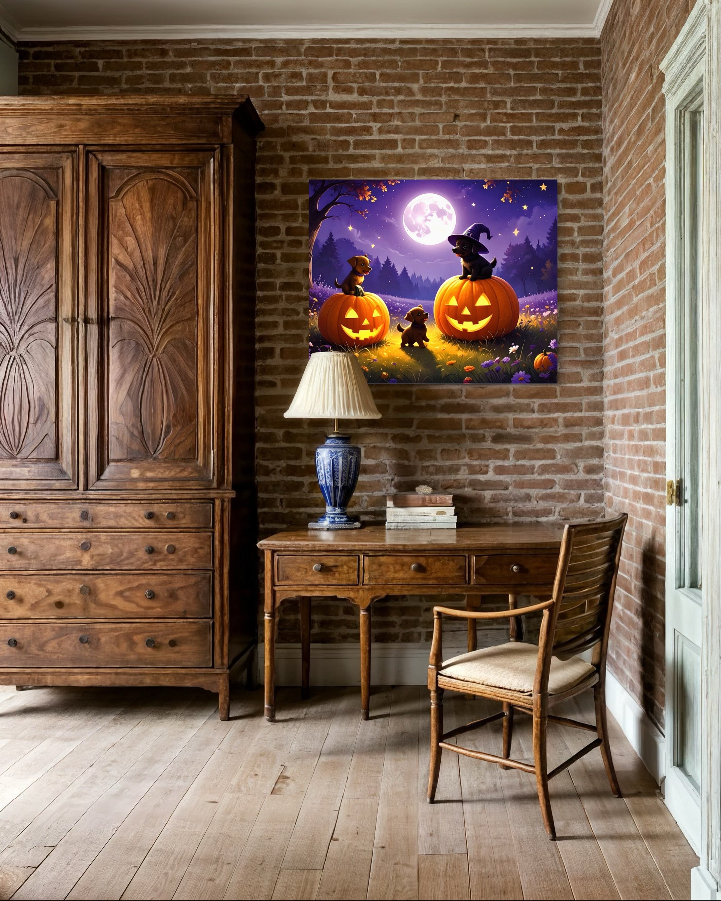 Puppies on Jack O Lanterns Museum Print
