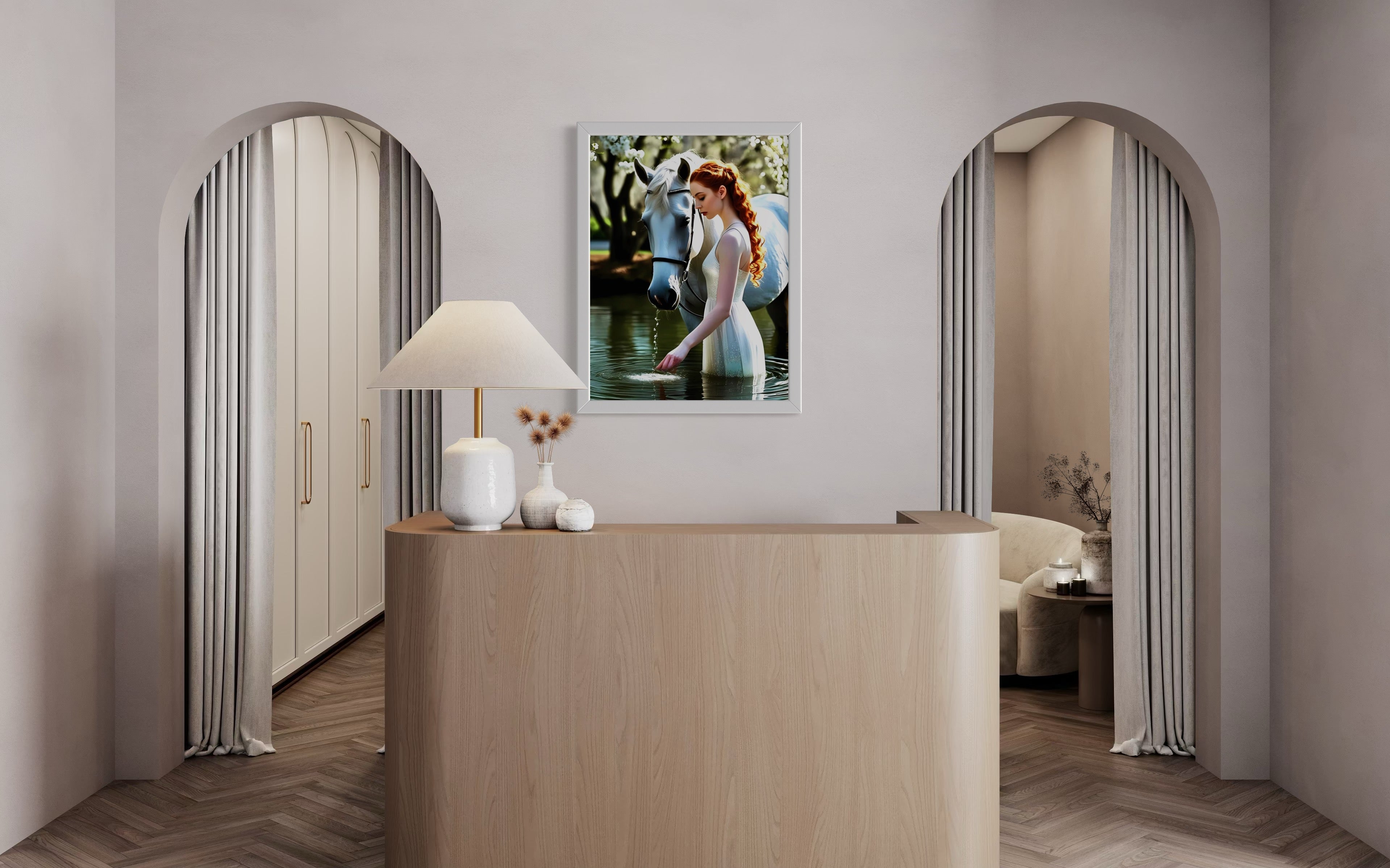 Red Head and White Horse in Tranquil Pond Museum Print