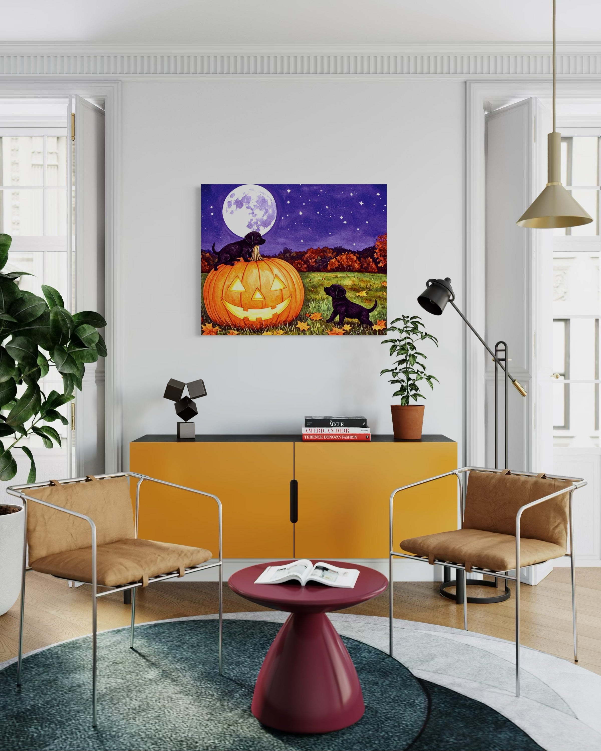 Puppies play on a Pumpkin Museum Print