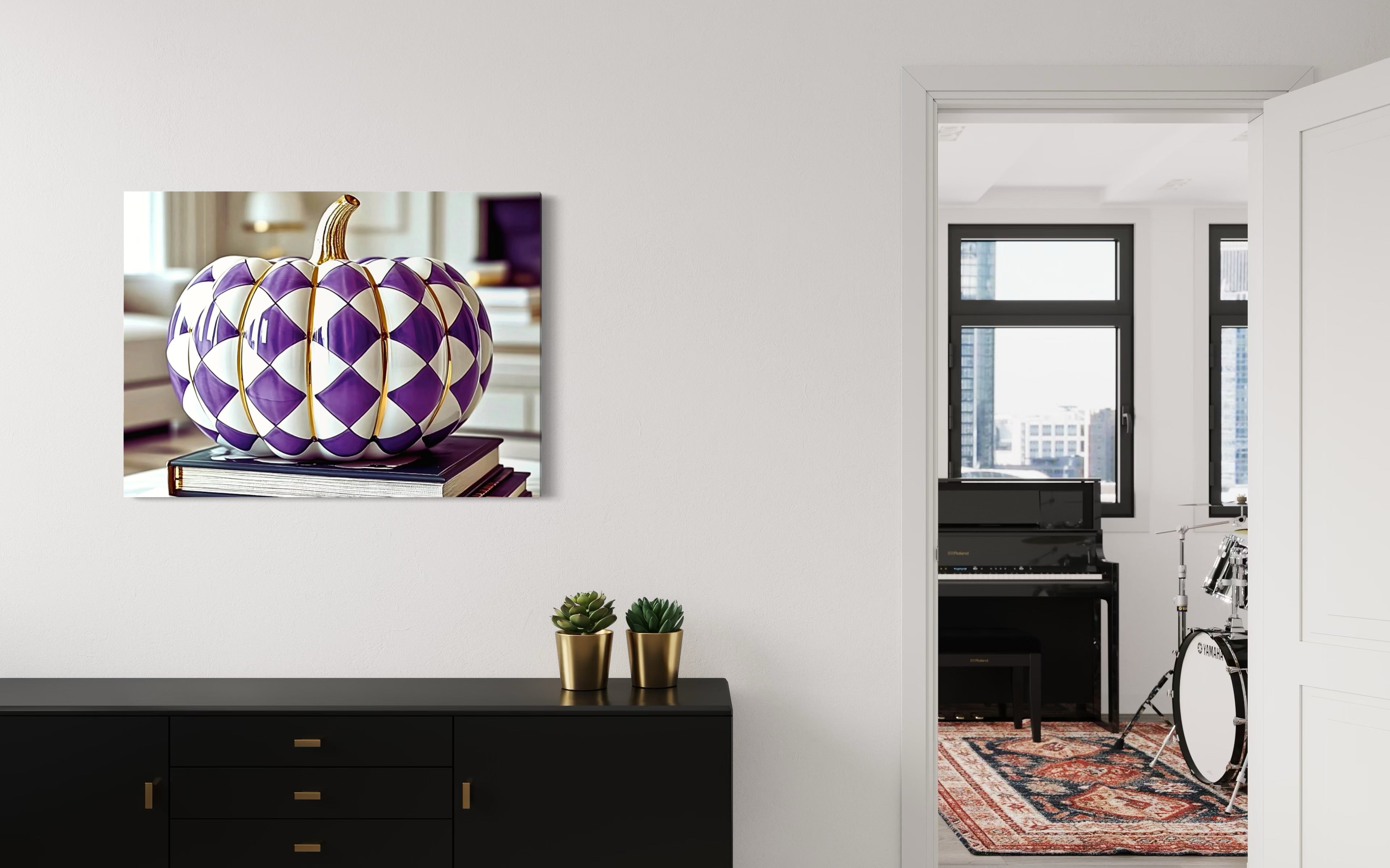 Purple and Gold Checkered Ceramic Pumpkin