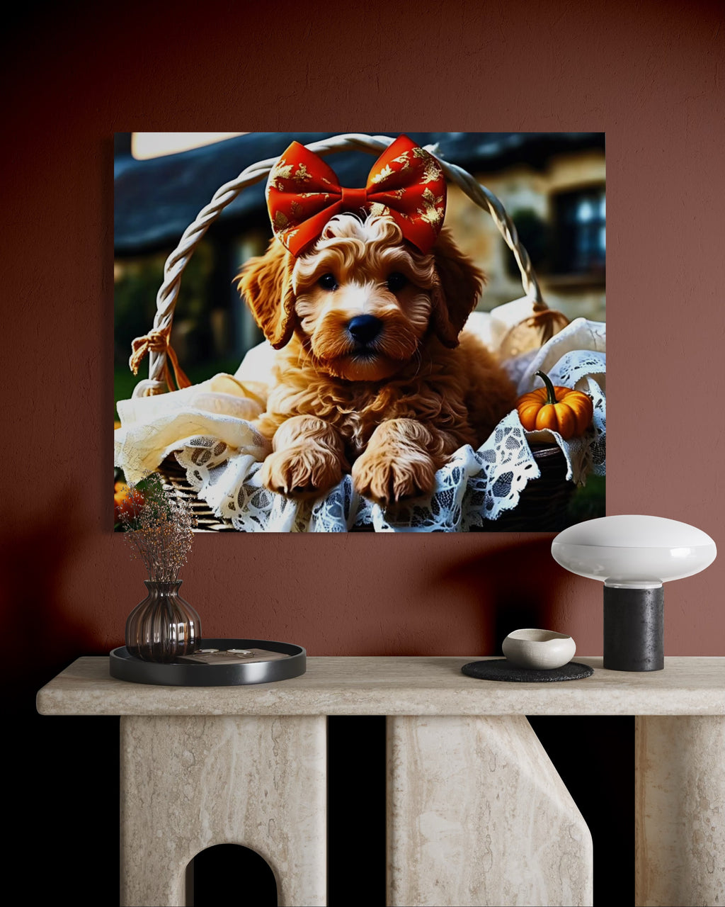 Autumn Goldendoodle Puppy with Bow in Basket