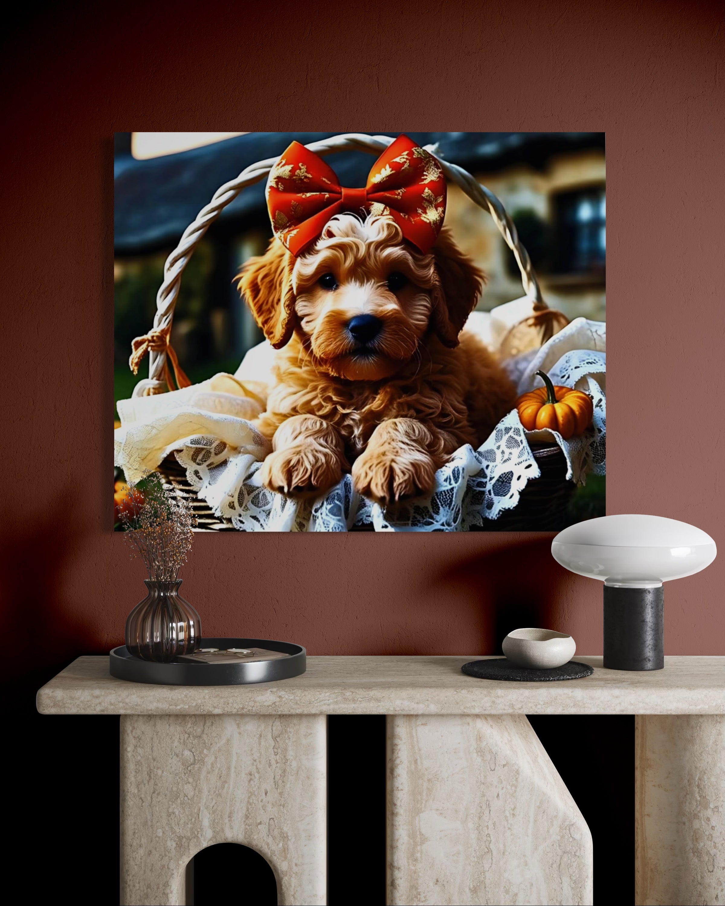 Autumn Goldendoodle Puppy with Bow in Basket