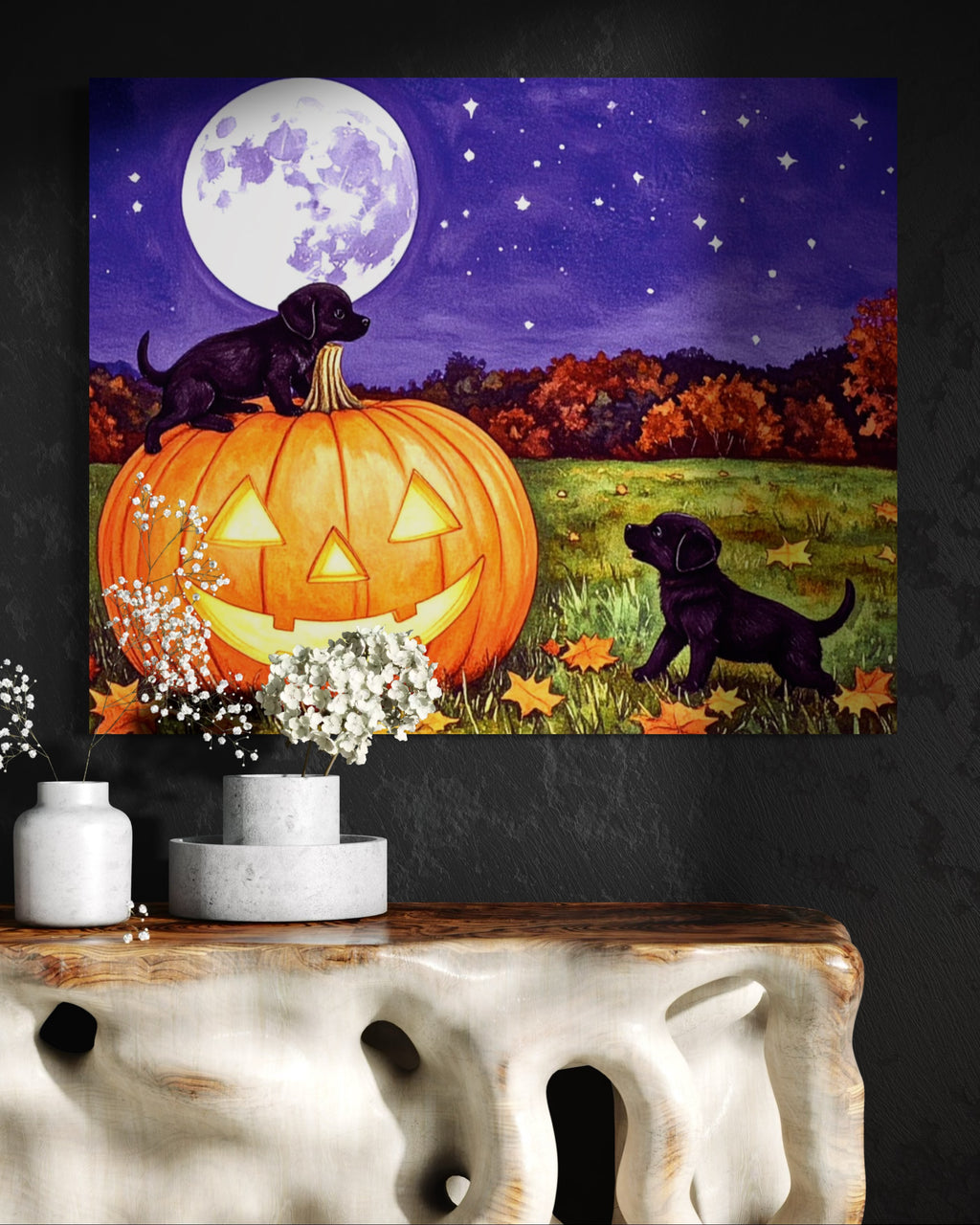 Puppies play on a Pumpkin