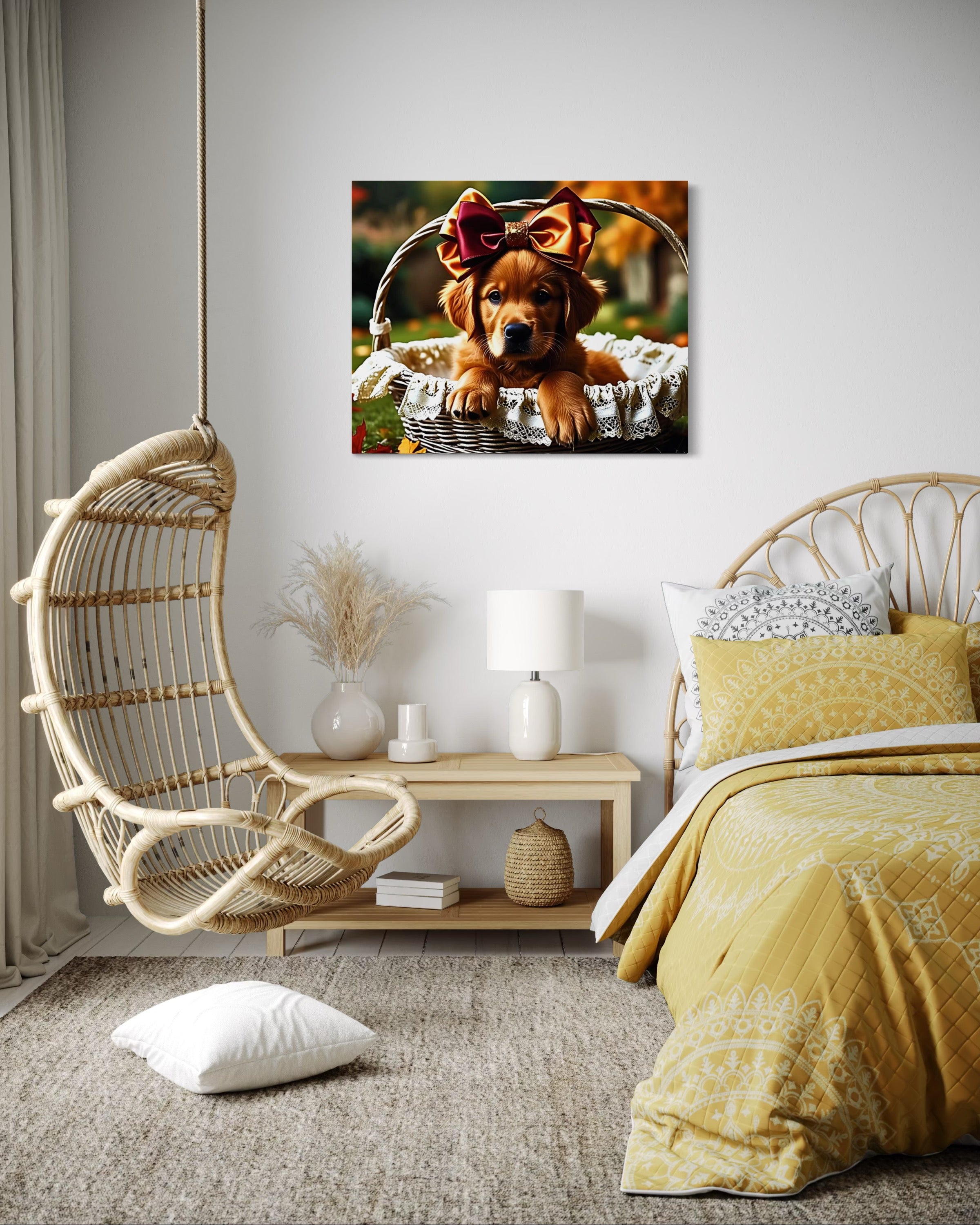 Autumn Golden Retriever Girl Puppy with a bow in a Basket