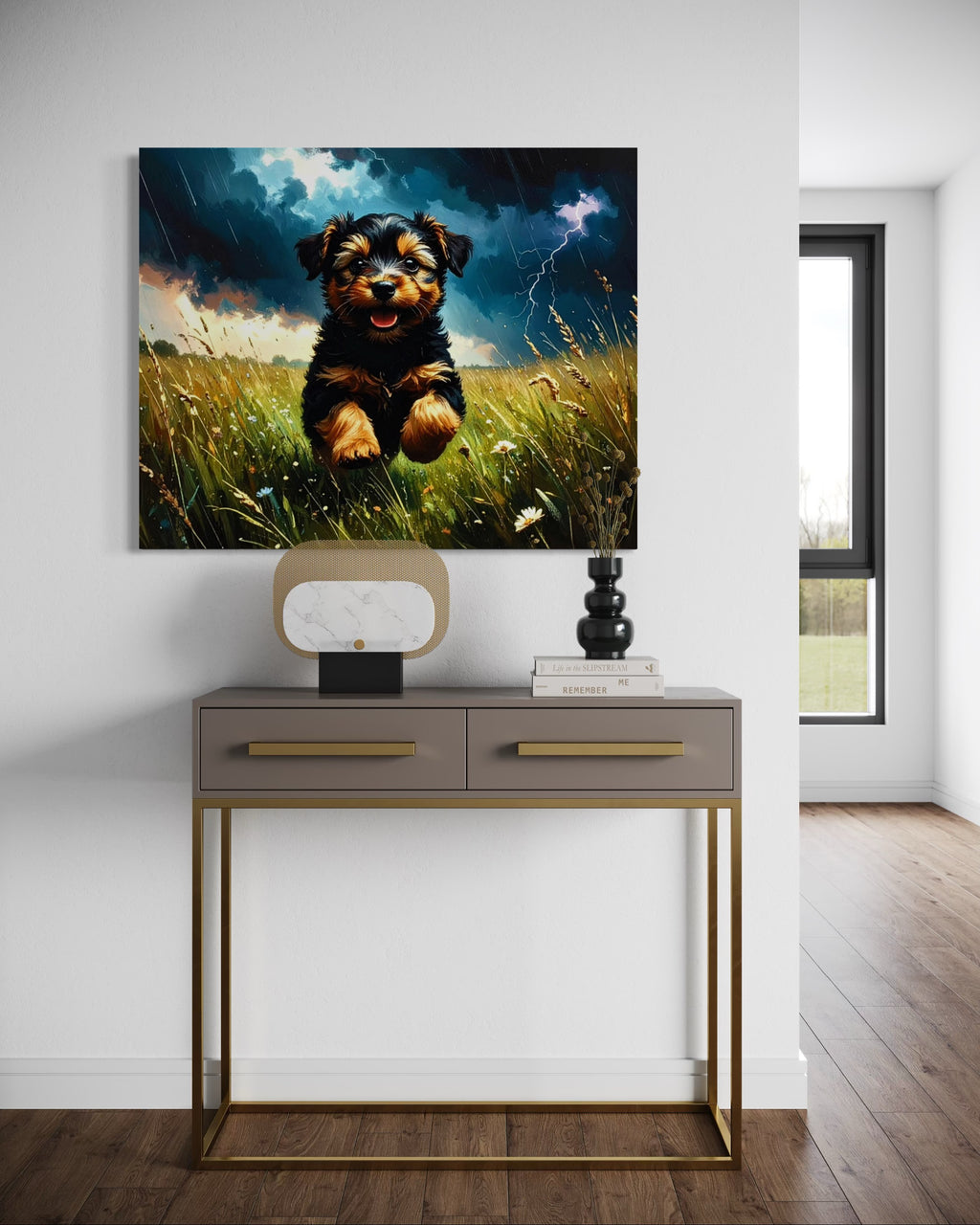 Yorkie in a Stormy Meadow