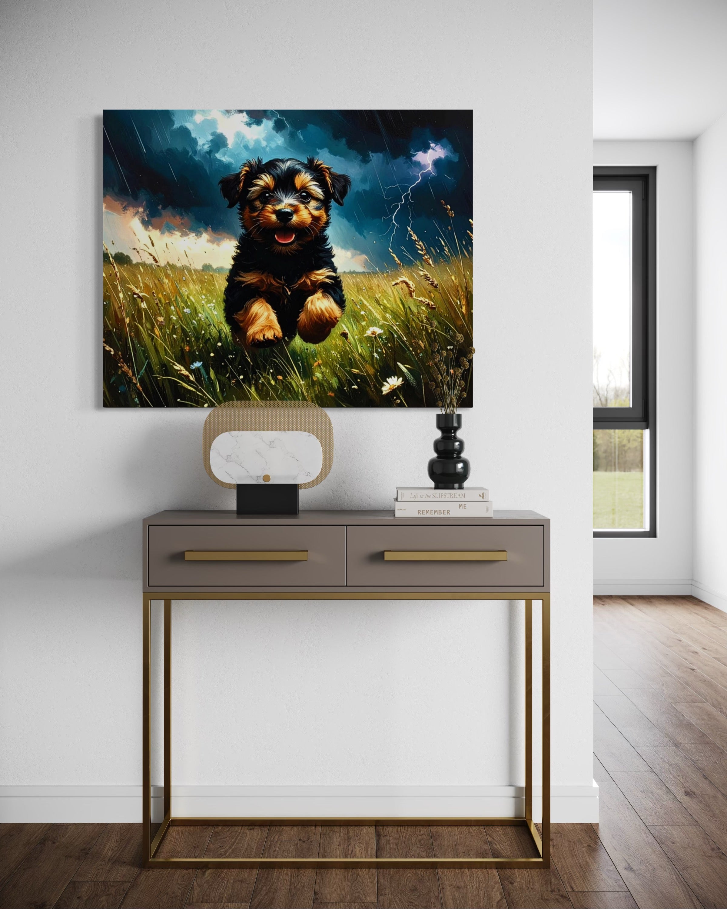 Yorkie in a Stormy Meadow