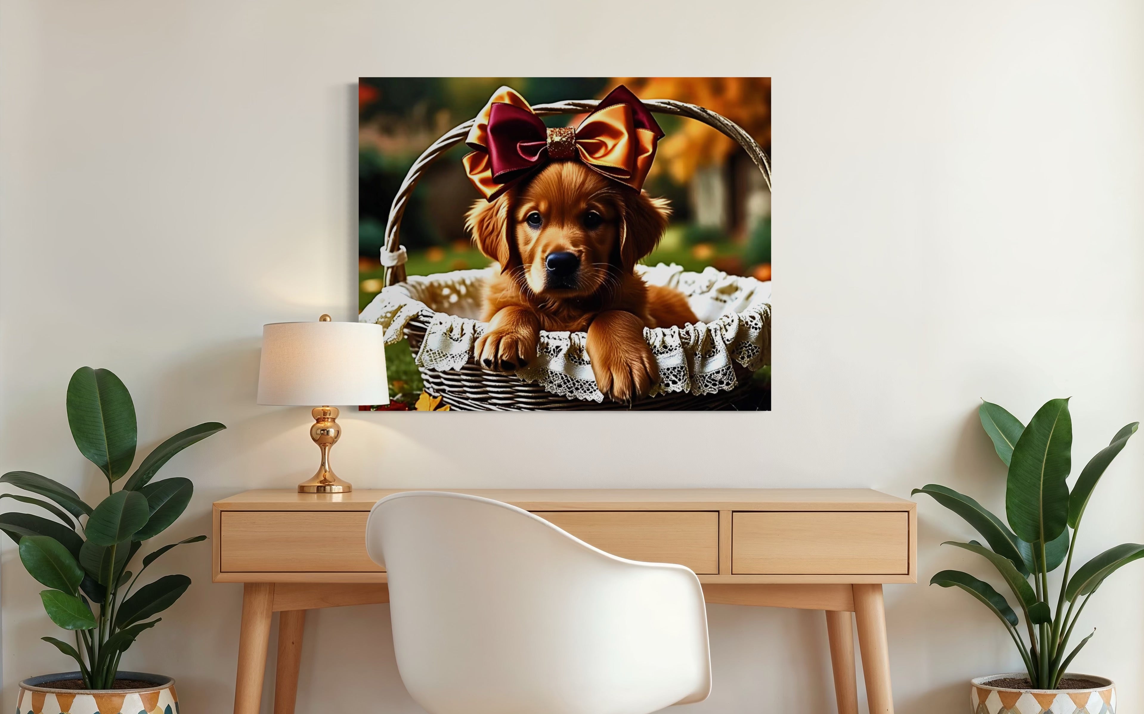 Autumn Golden Retriever Girl Puppy with a bow in a Basket