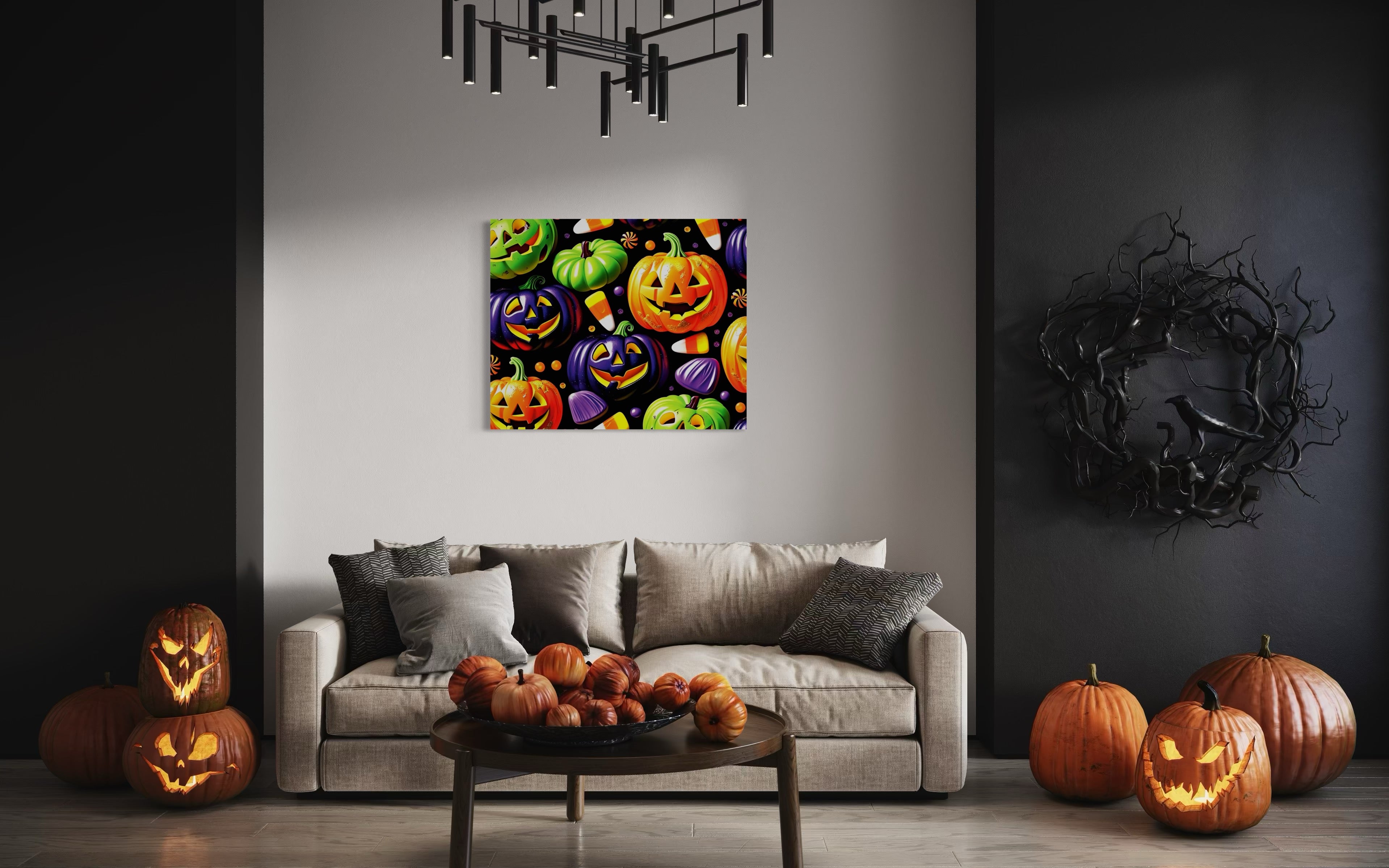 Candy and Pumpkins Pattern on Black