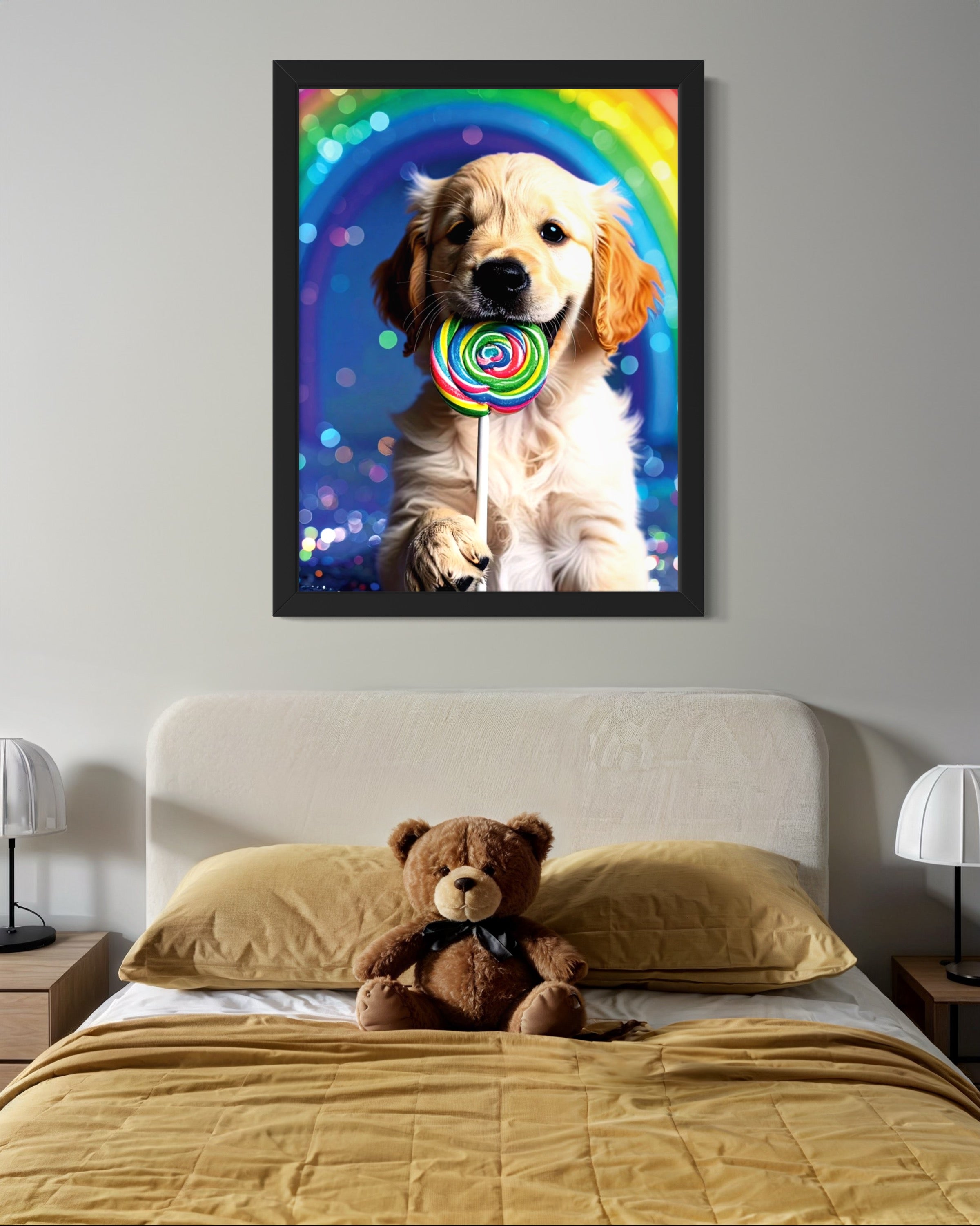 Golden Retriever Puppy with Rainbow Lollipop Museum Print