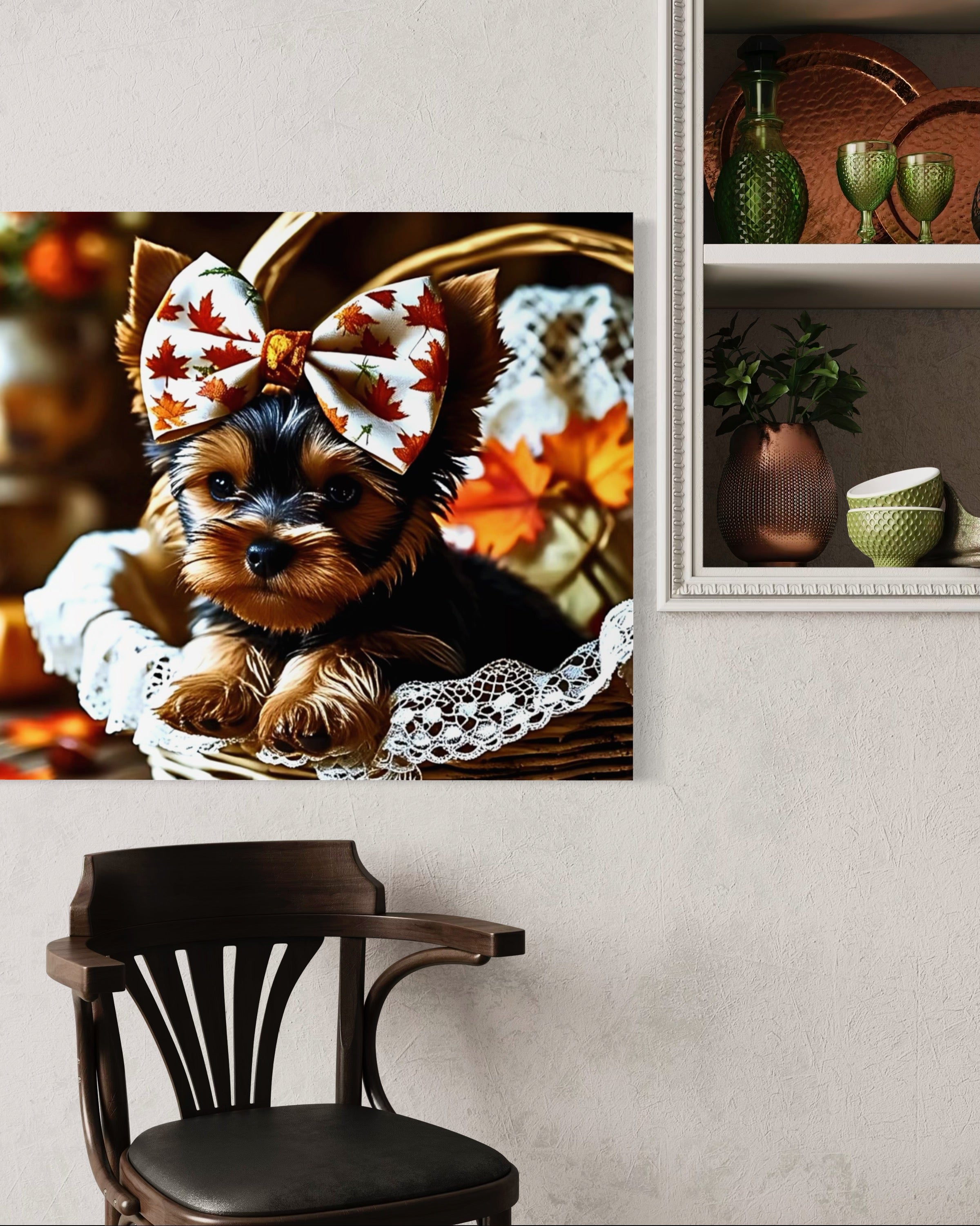 Autumn Yorkie Puppy Girl with Bow in Basket