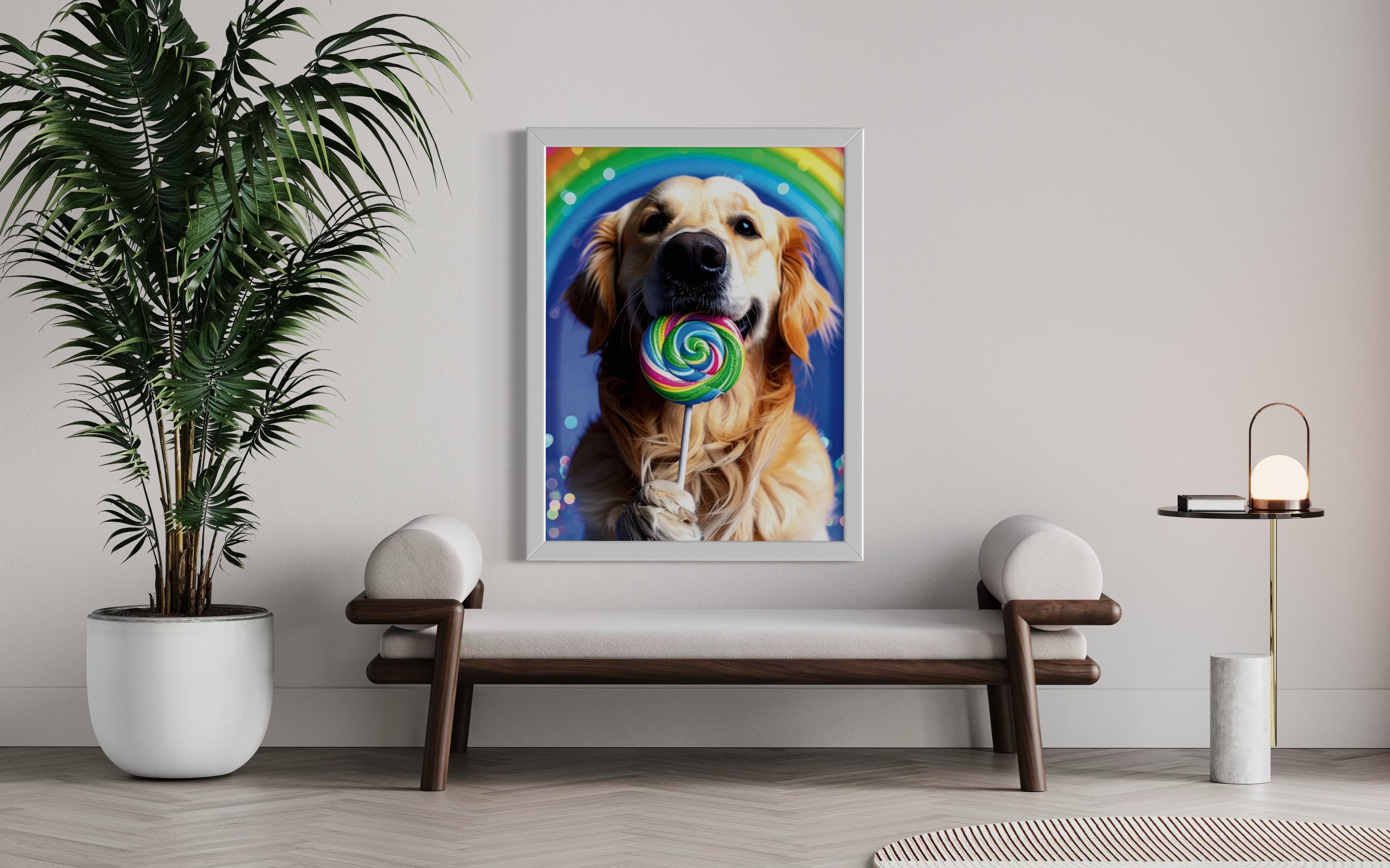 Golden Retriever with Rainbow Lollipop Museum Print