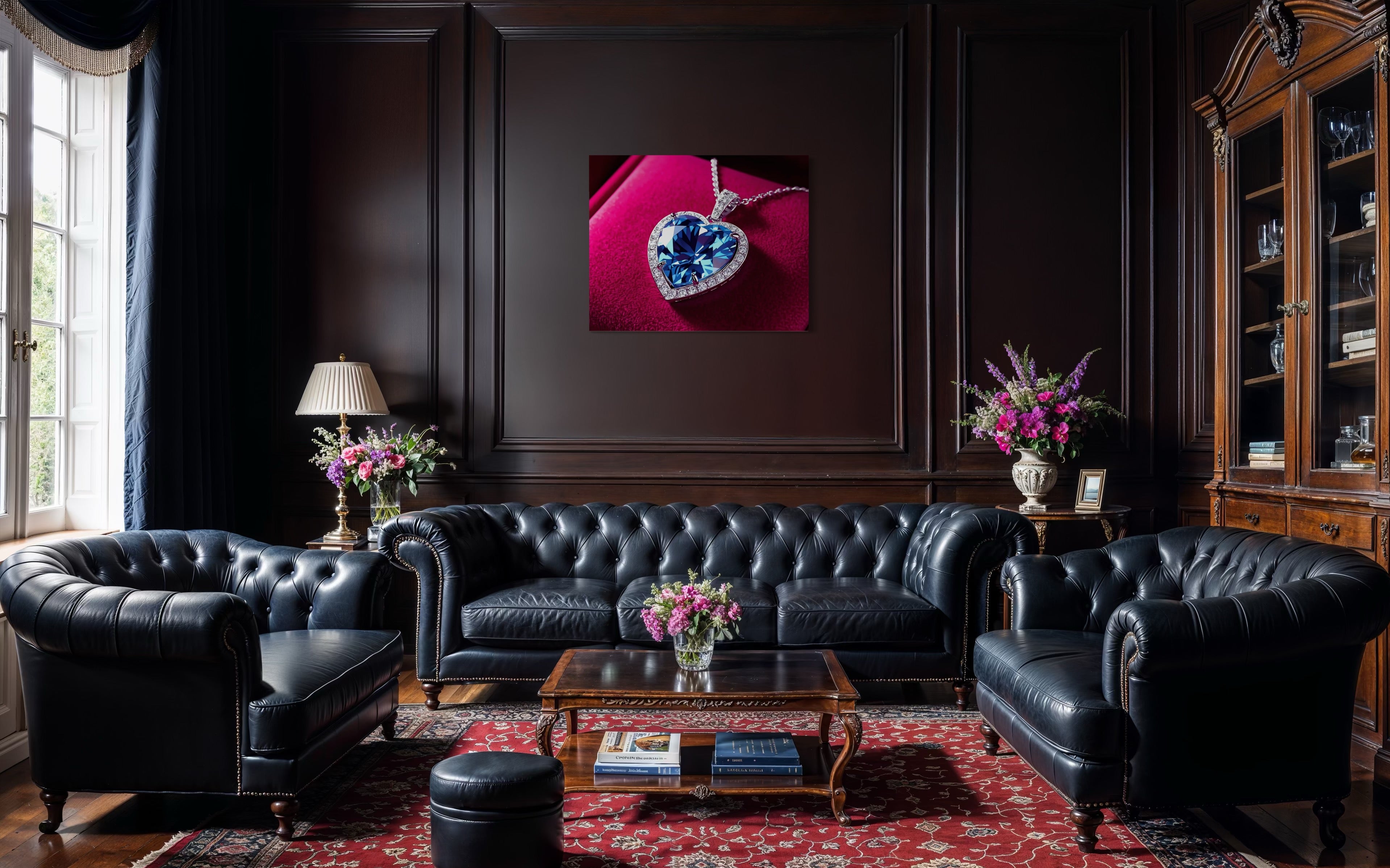 Blue Diamond Heart Necklace on Pink Velvet Museum Print