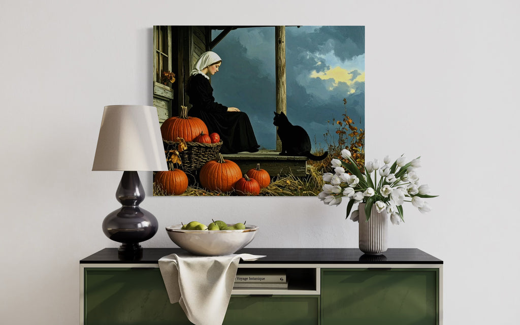 Pilgrim Girl with Cat and Pumpkins