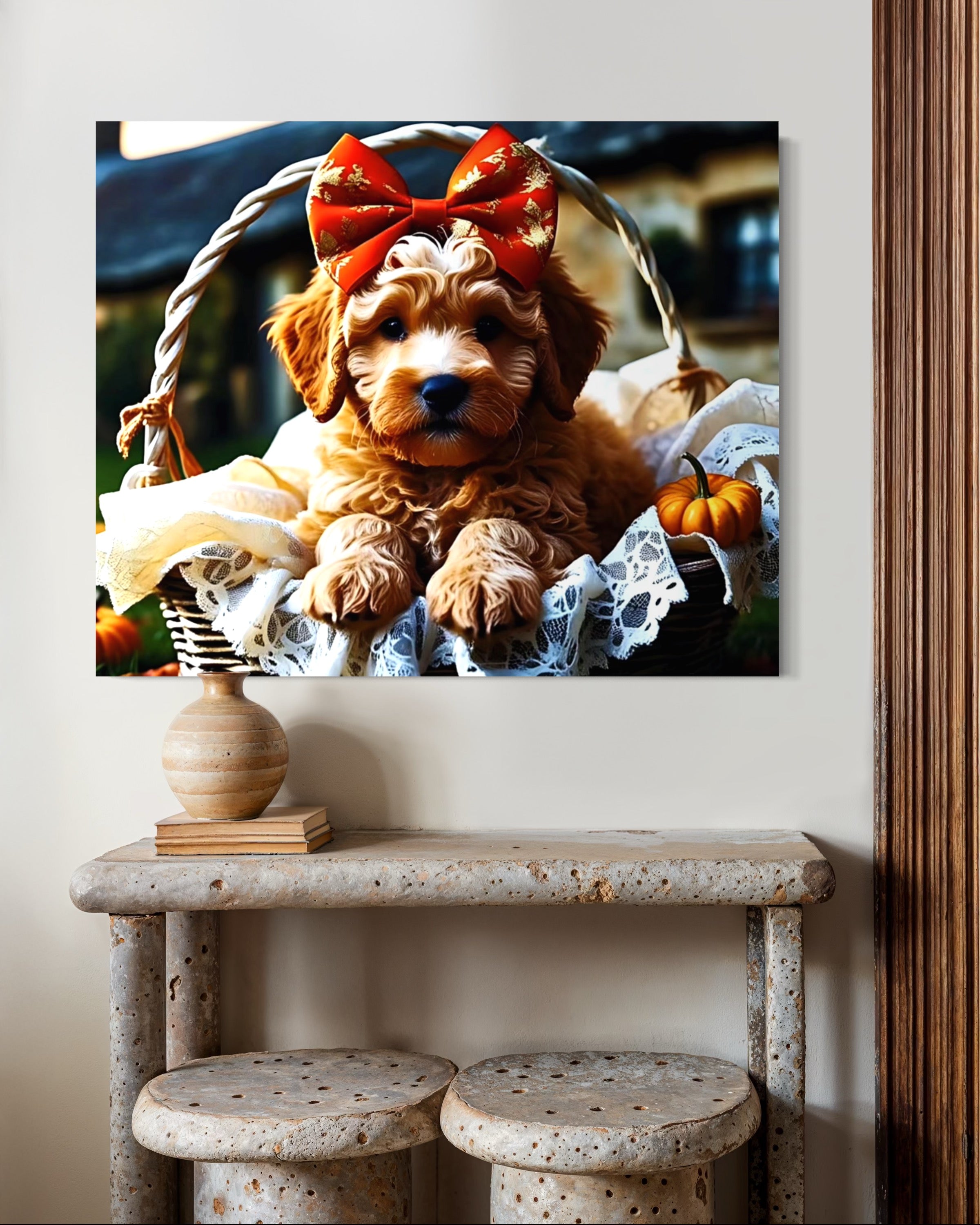 Autumn Goldendoodle Puppy with Bow in Basket