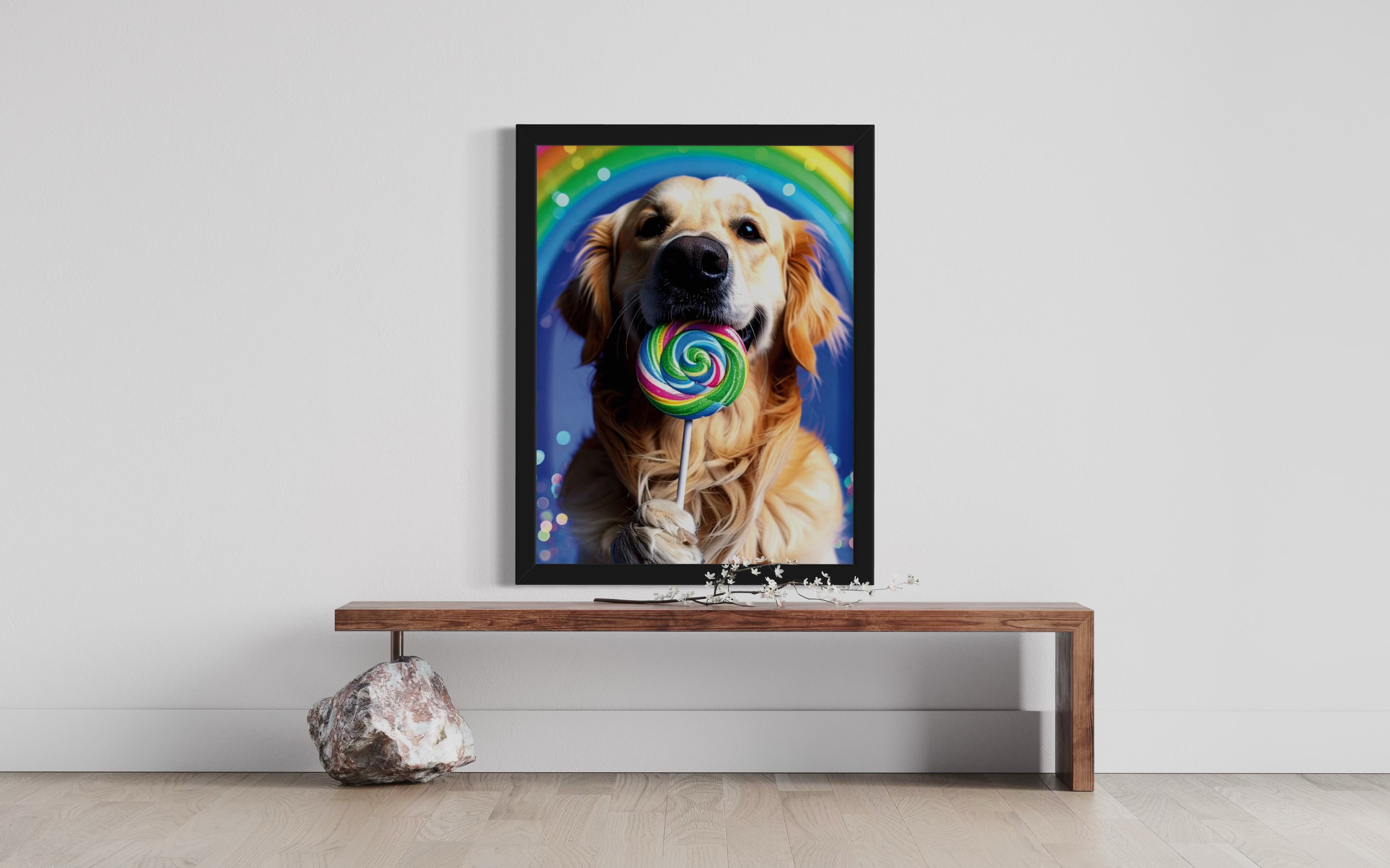 Golden Retriever with Rainbow Lollipop Museum Print