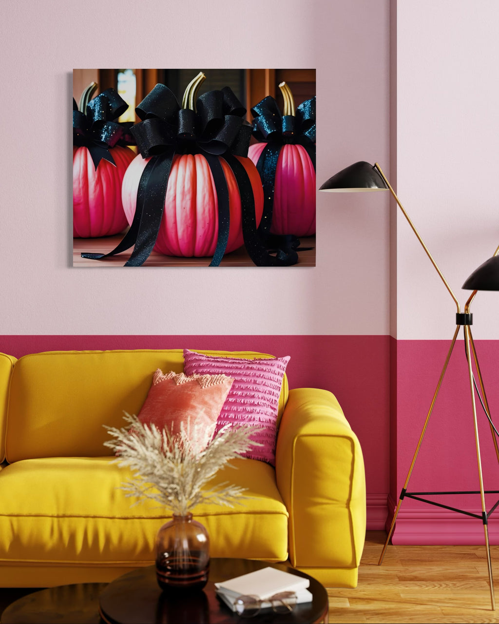 Pink Porch Pumpkins with Black Glittering and Velvet Bows
