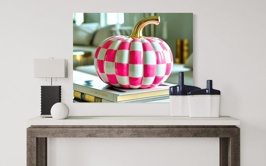 Pink and White Checkered Gold Stem Ceramic Pumpkin