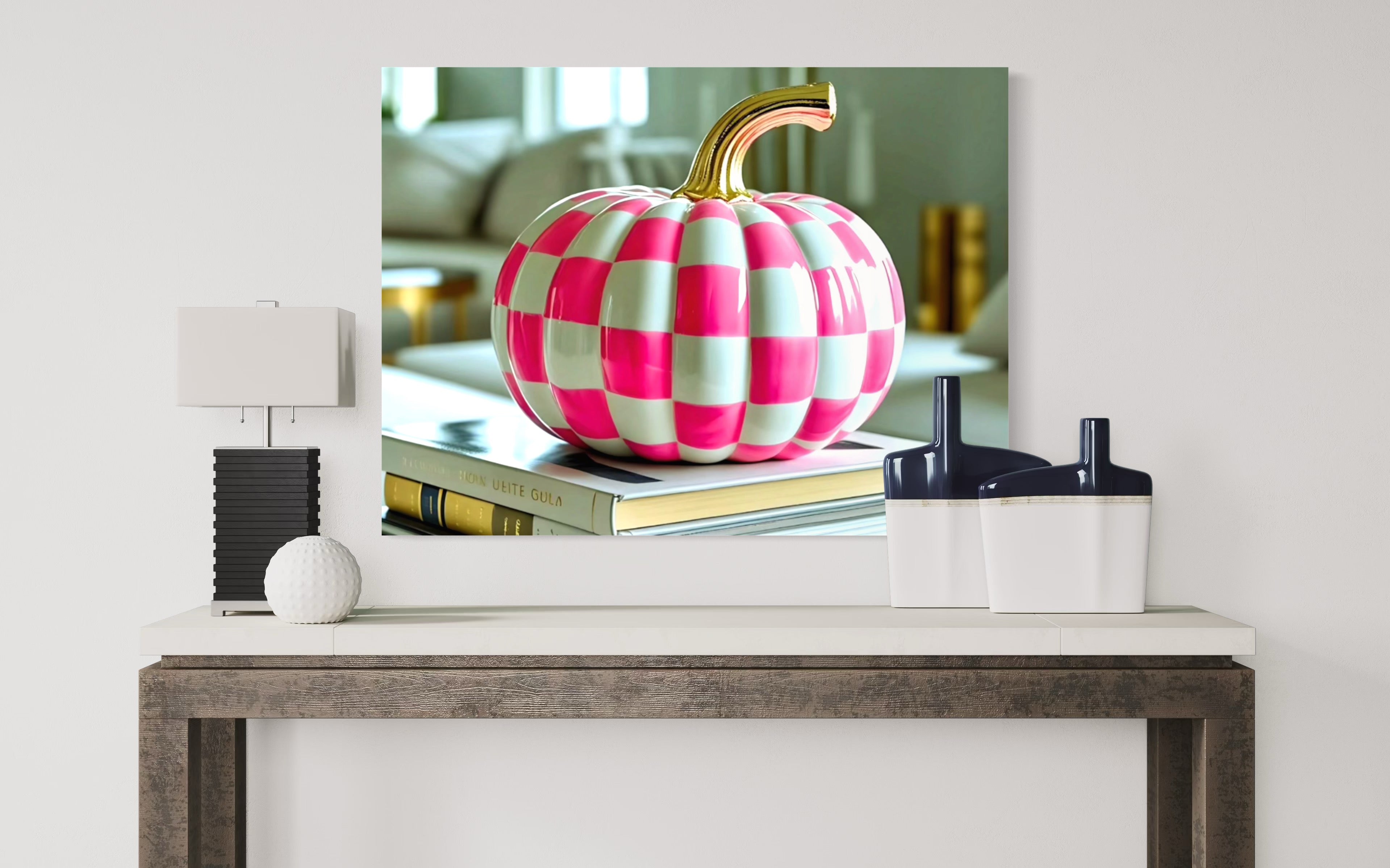 Pink and White Checkered Gold Stem Ceramic Pumpkin