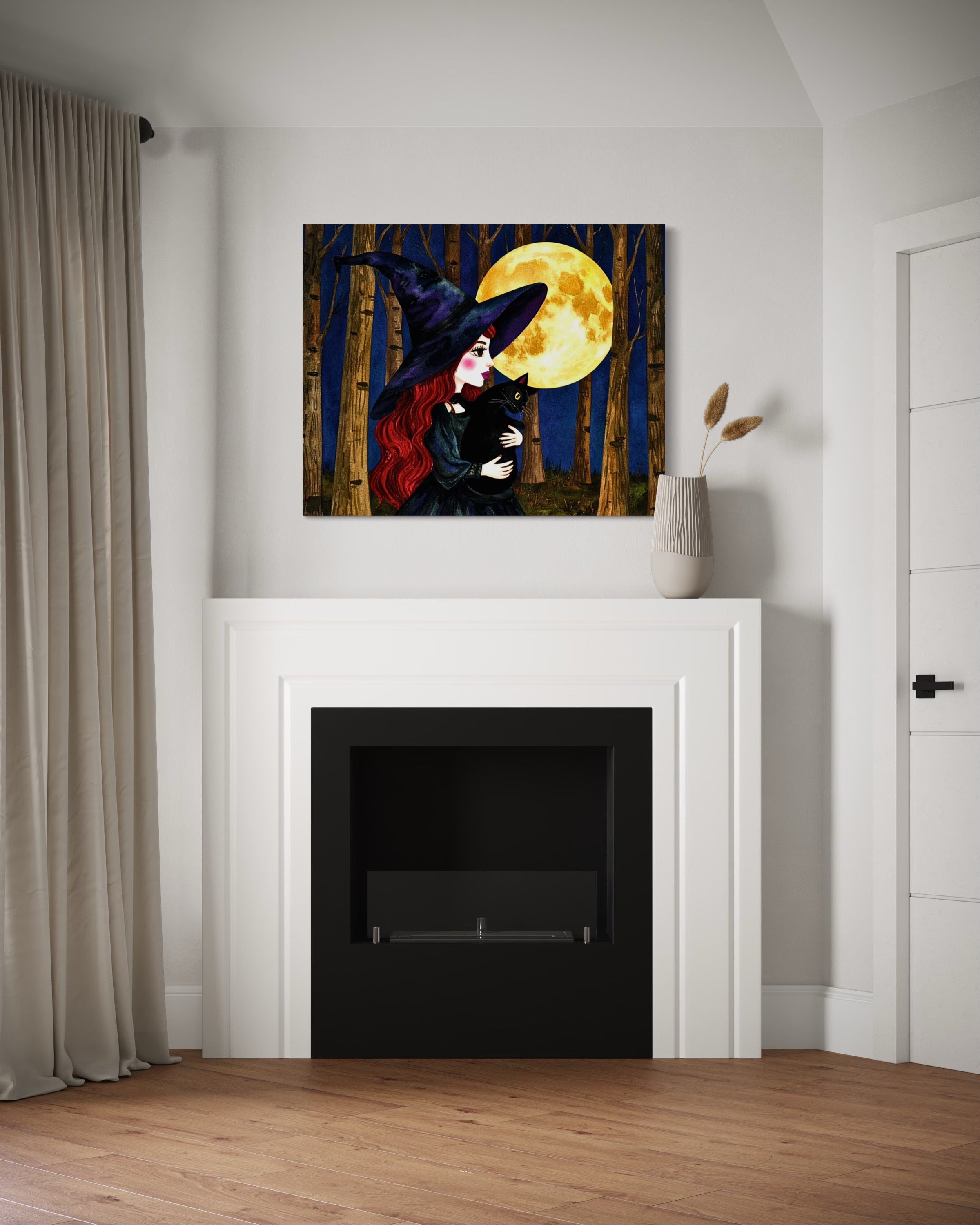 Red Witch with Cat in Moonlight