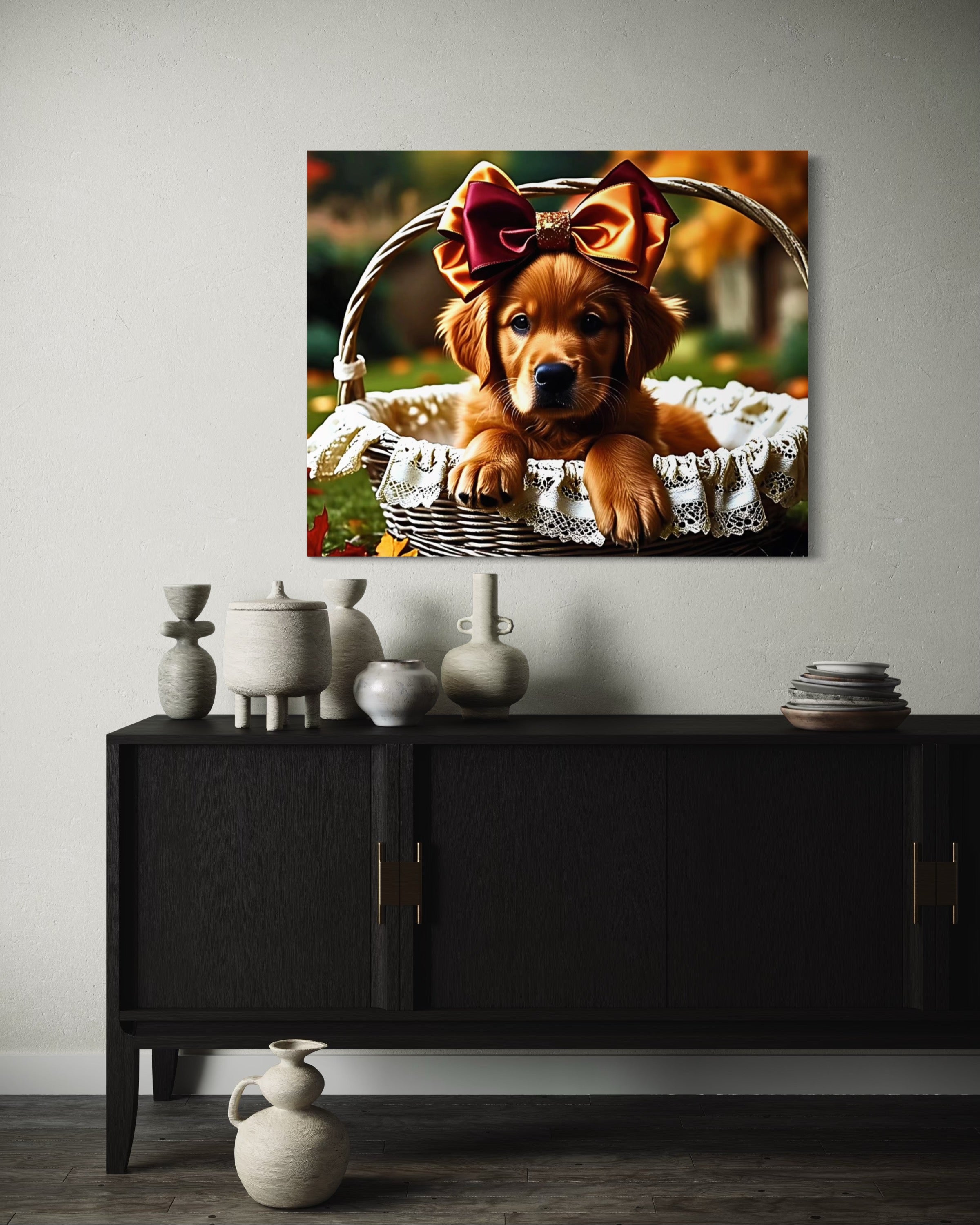 Autumn Golden Retriever Girl Puppy with a bow in a Basket