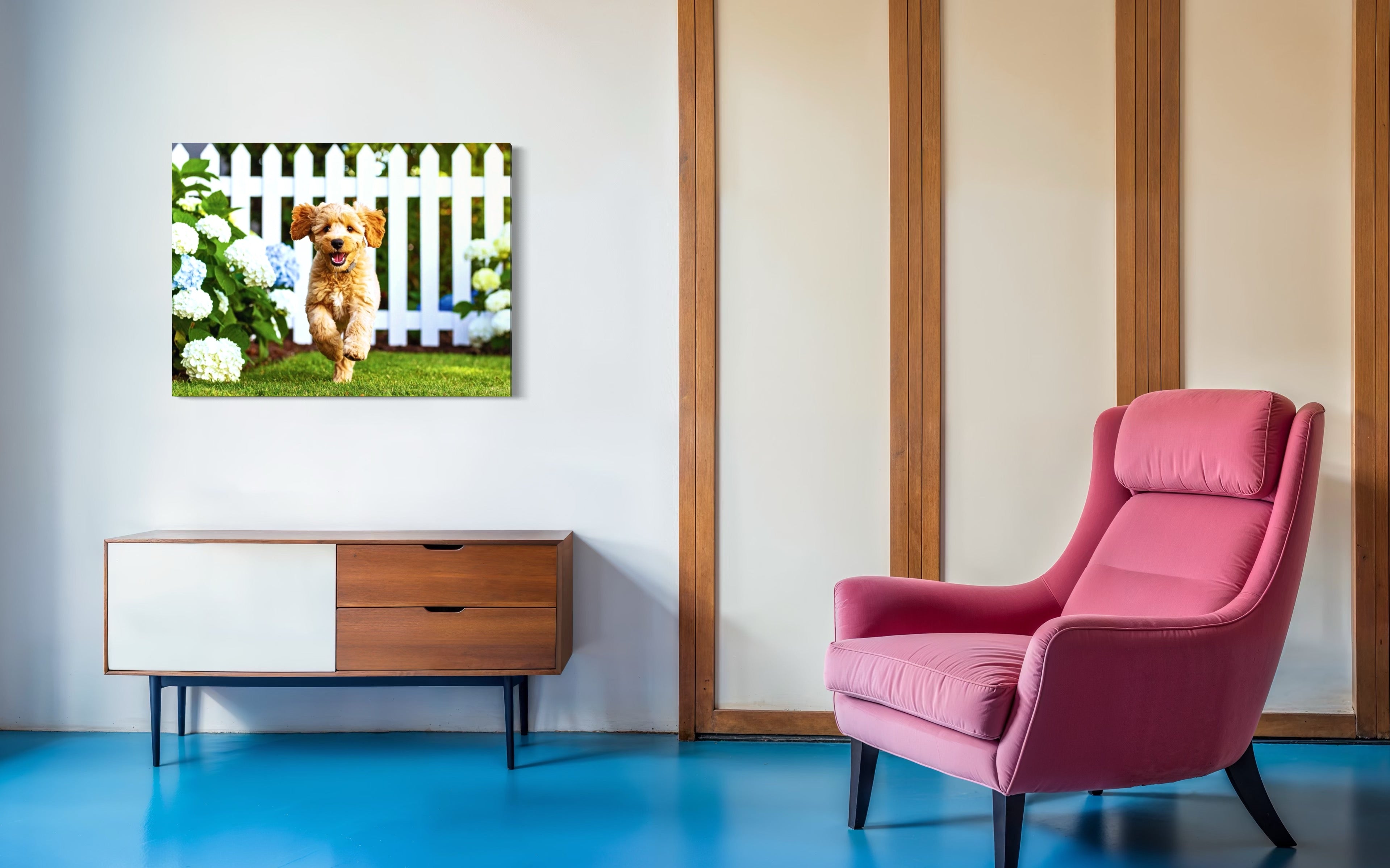 Goldendoodle Puppy Hydrangea Garden Museum Print