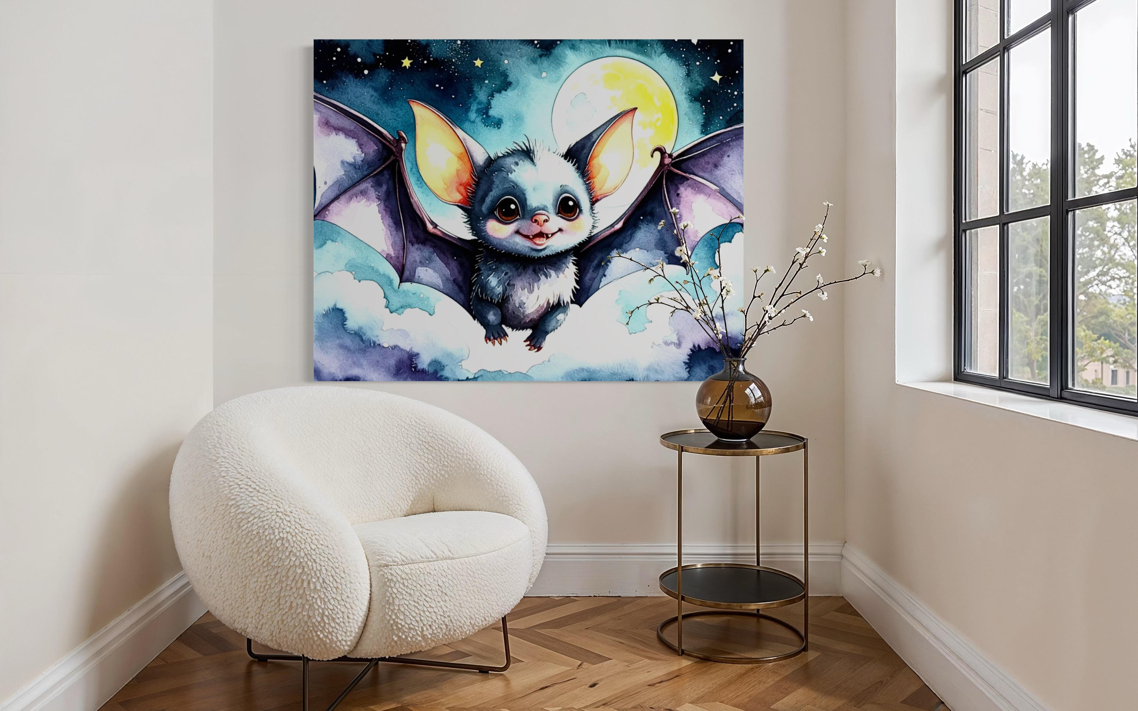 Baby Bat flying under a Full Moon