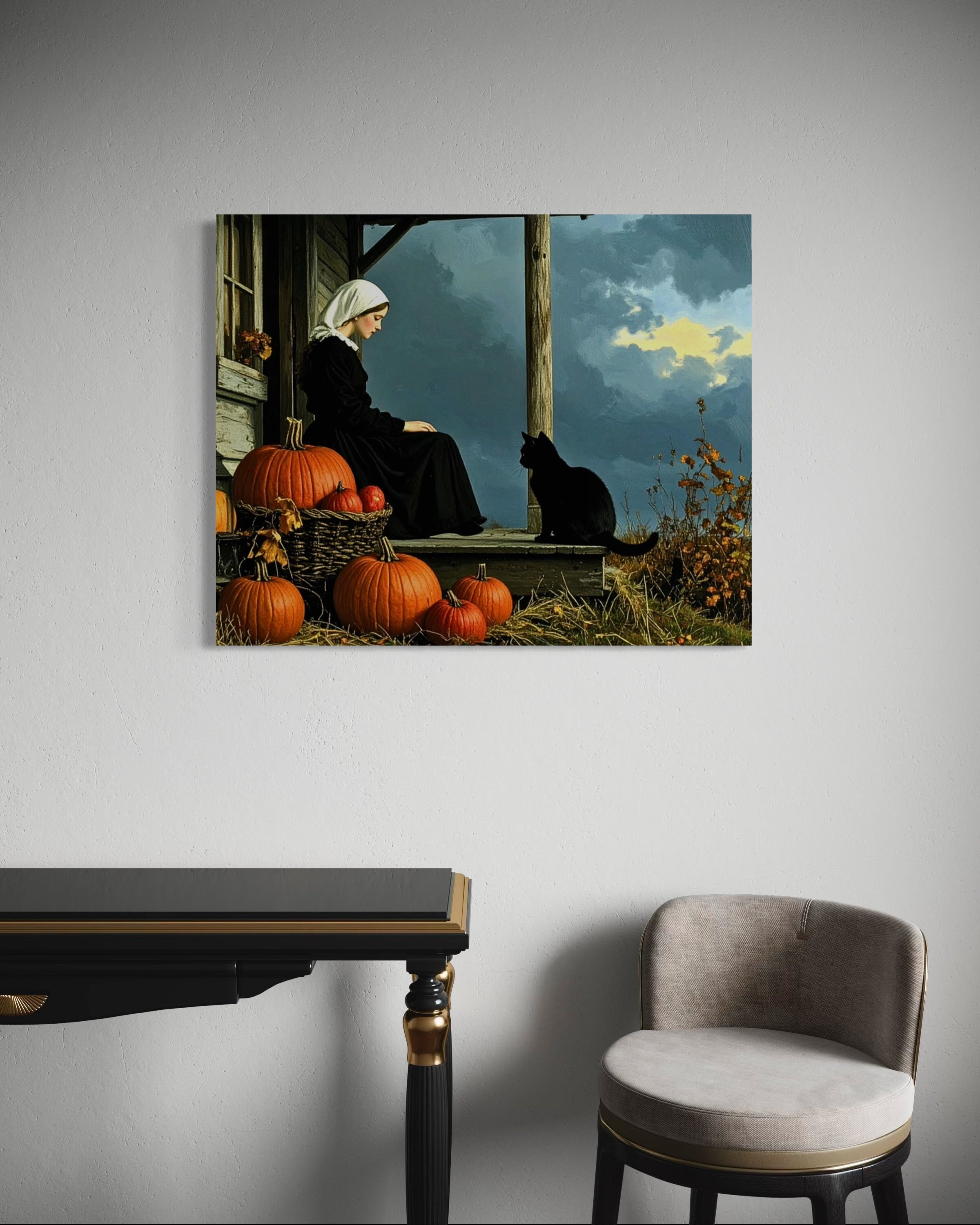 Pilgrim Girl with Cat and Pumpkins