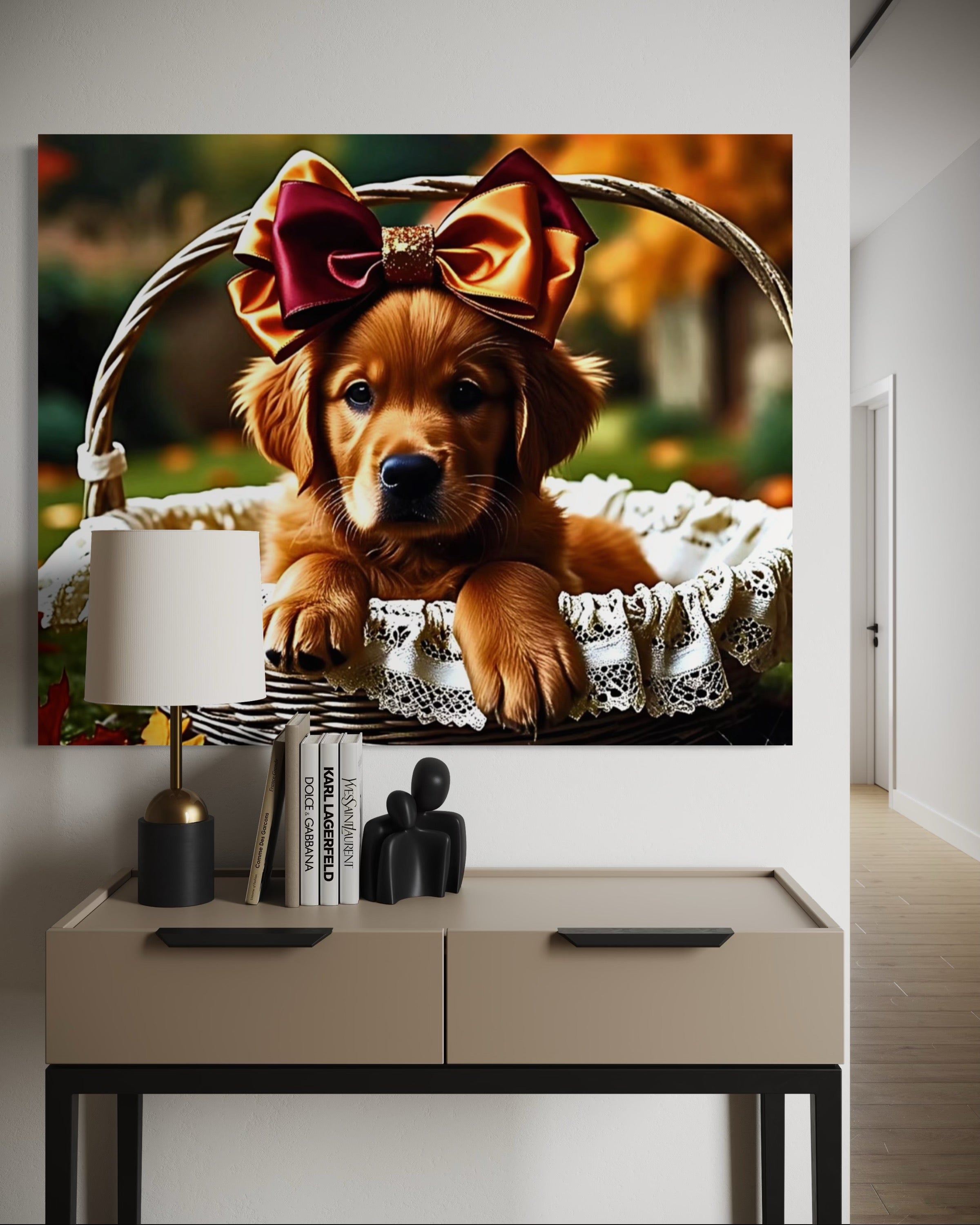 Autumn Golden Retriever Girl Puppy with a bow in a Basket