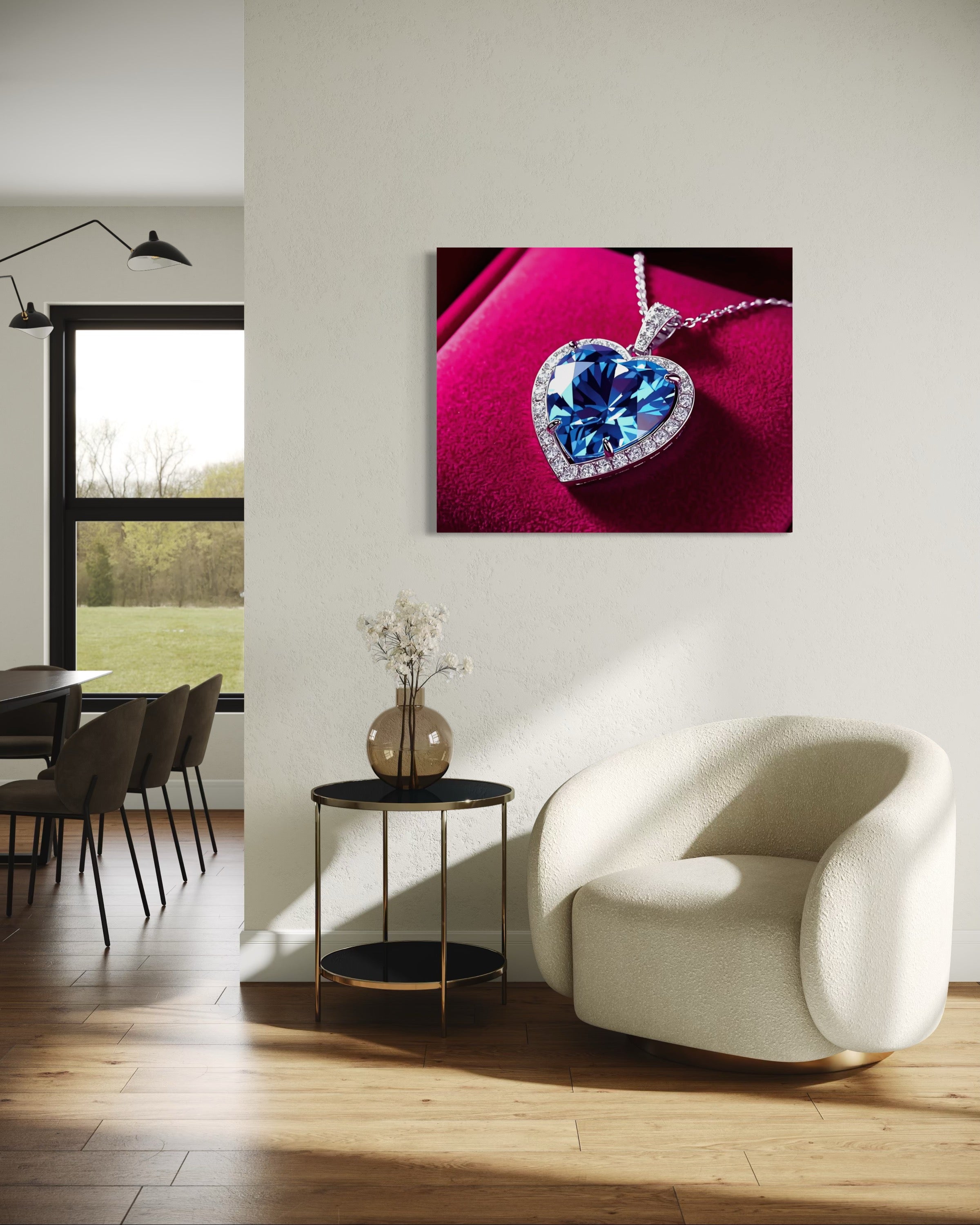 Blue Diamond Heart Necklace on Pink Velvet Museum Print
