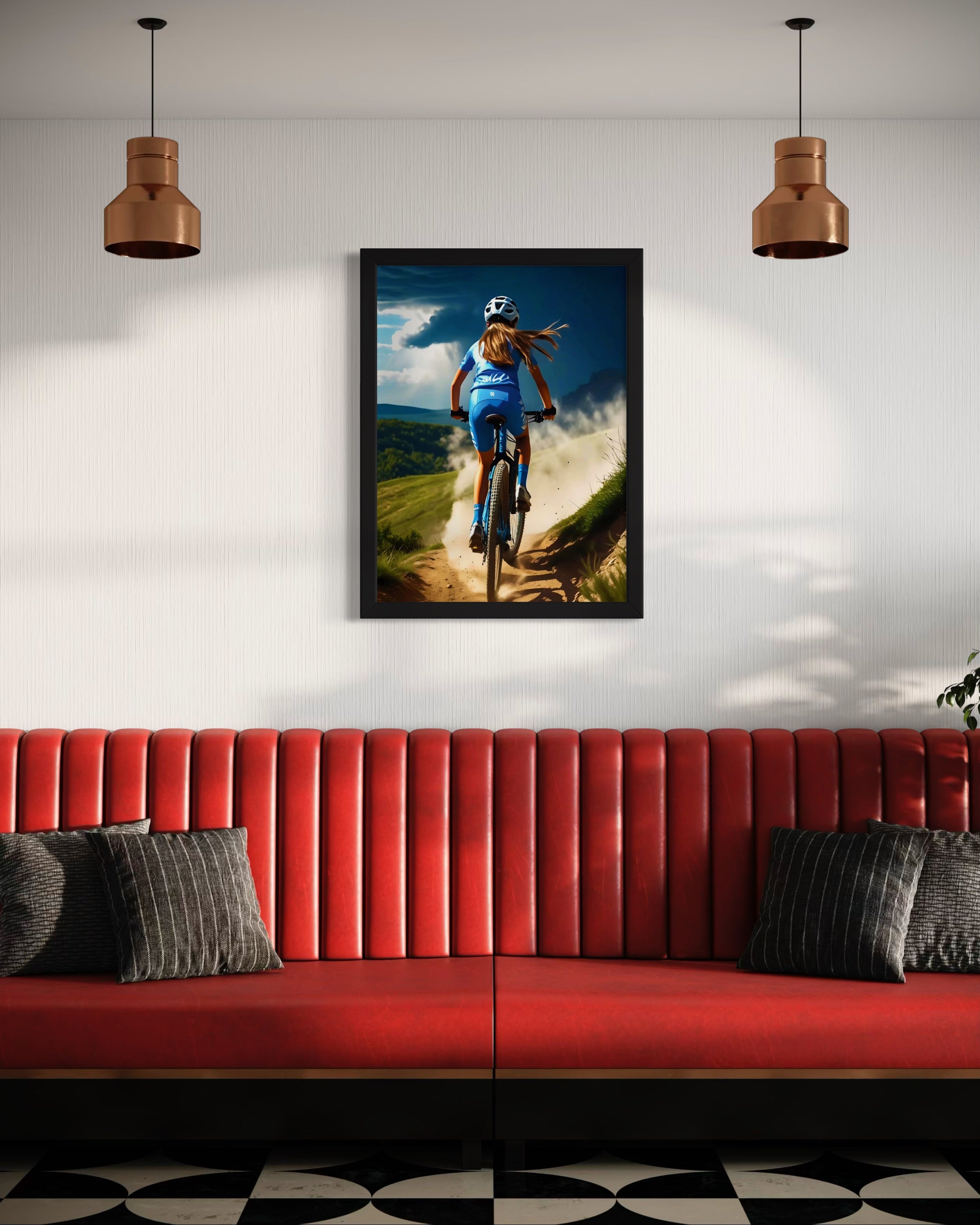 Girl Mountain Biking Blue Museum Print