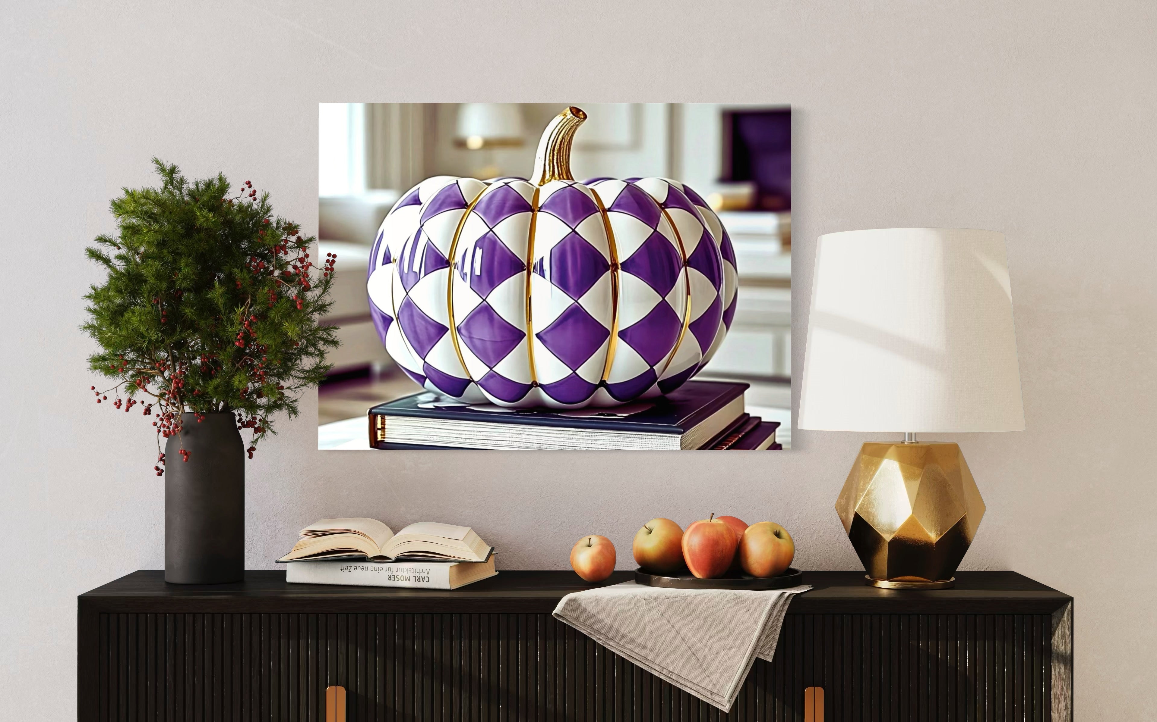 Purple and Gold Checkered Ceramic Pumpkin