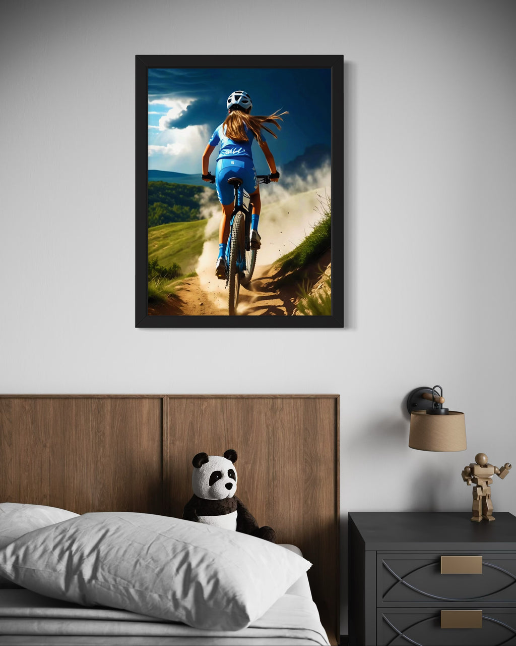 Girl Mountain Biking Blue Museum Print