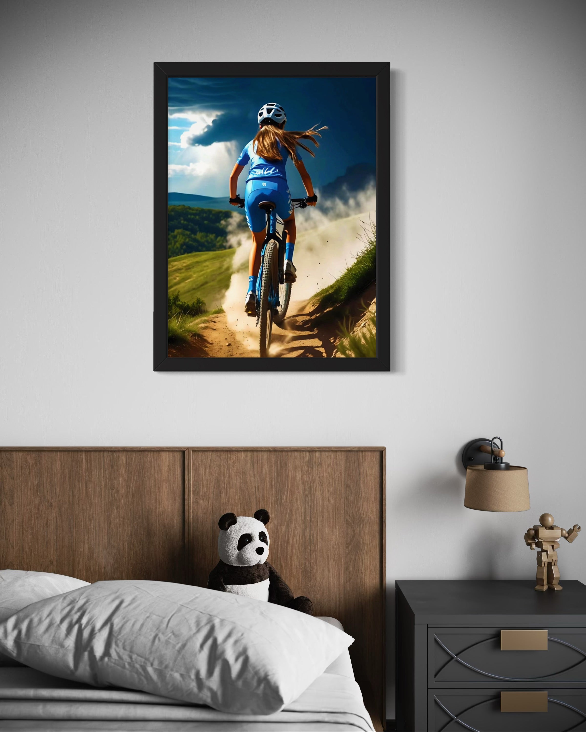 Girl Mountain Biking Blue Museum Print